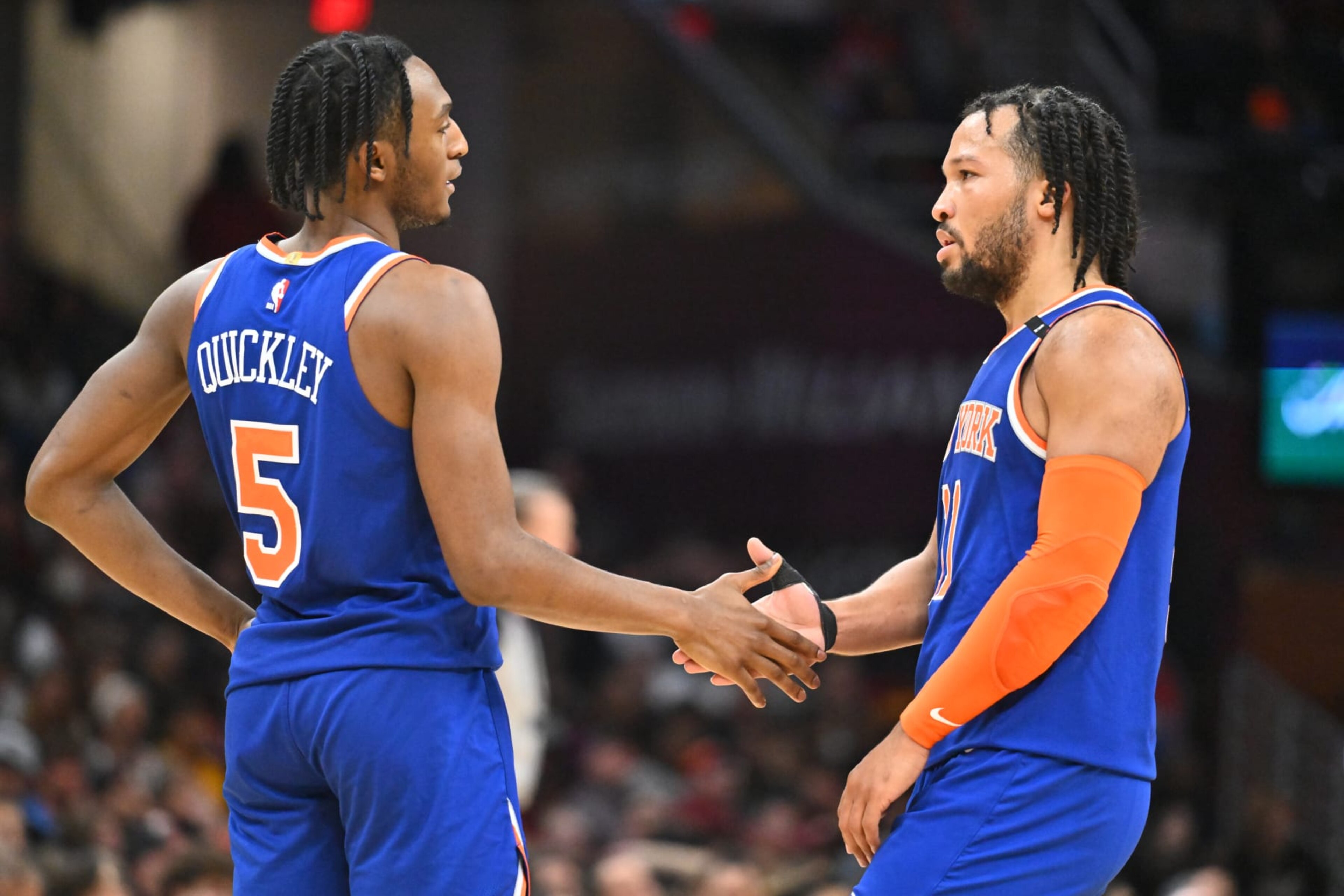 CLEVELAND, OHIO - MARCH 31: Immanuel Quickley #5 and Jalen Brunson #11 of the New York Knicks celebrate during the third quarter against the Cleveland Cavaliers at Rocket Mortgage Fieldhouse on March 31, 2023 in Cleveland, Ohio. The Knicks defeated the Cavaliers 130-116. NOTE TO USER: User expressly acknowledges and agrees that, by downloading and or using this photograph, User is consenting to the terms and conditions of the Getty Images License Agreement. (Photo by Jason Miller/Getty Images) CLEVELAND, OHIO - MARCH 31: Immanuel Quickley #5 and Jalen Brunson #11 of the New York Knicks celebrate during the third quarter against the Cleveland Cavaliers at Rocket Mortgage Fieldhouse on March 31, 2023 in Cleveland, Ohio. The Knicks defeated the Cavaliers 130-116. NOTE TO USER: User expressly acknowledges and agrees that, by downloading and or using this photograph, User is consenting to the terms and conditions of the Getty Images License Agreement. (Photo by Jason Miller/Getty Images)