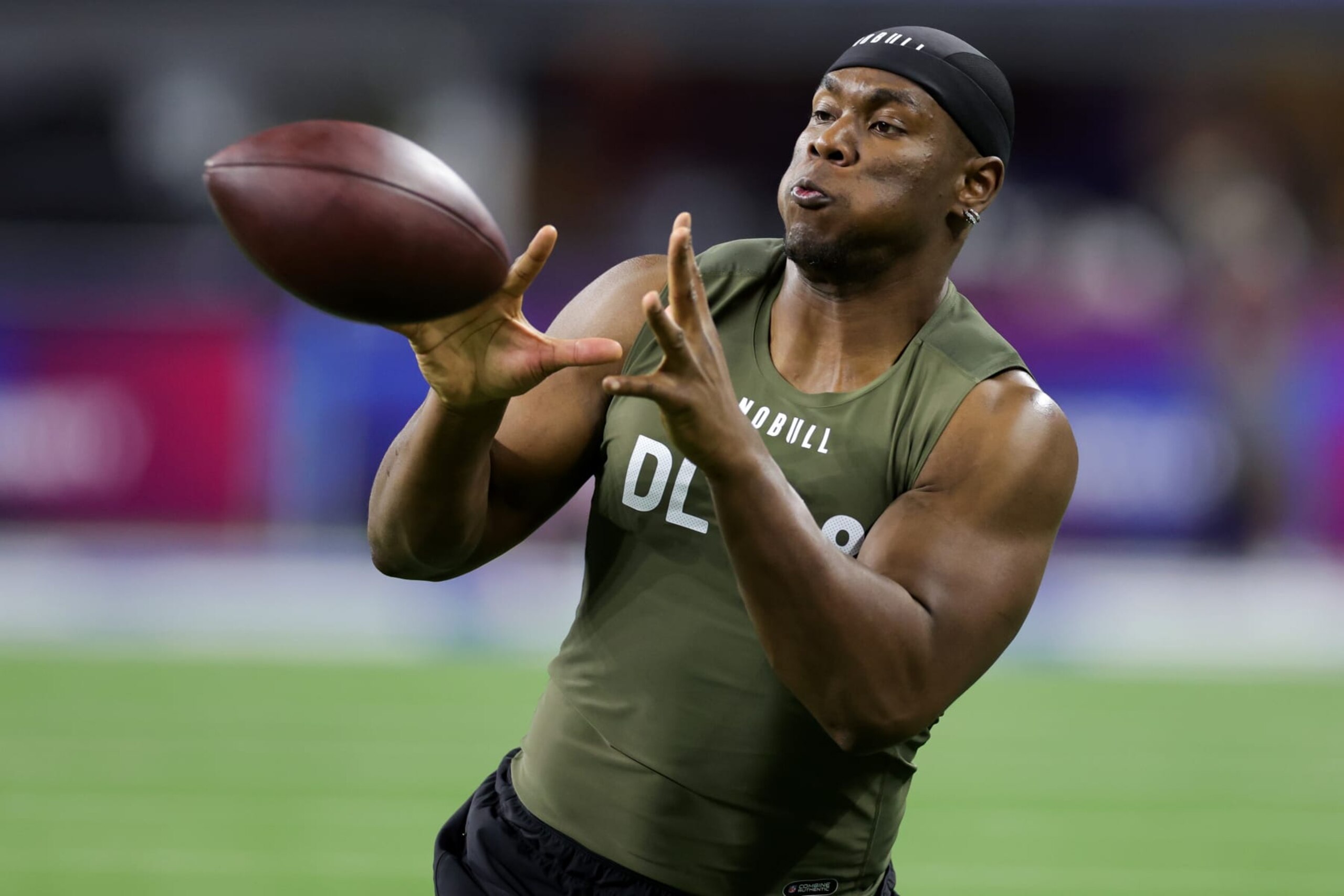 INDIANAPOLIS, INDIANA - MARCH 02: Defensive lineman Keion White of Georgia Tech participates in a drill during the NFL Combine at Lucas Oil Stadium on March 02, 2023 in Indianapolis, Indiana. (Photo by Stacy Revere/Getty Images)