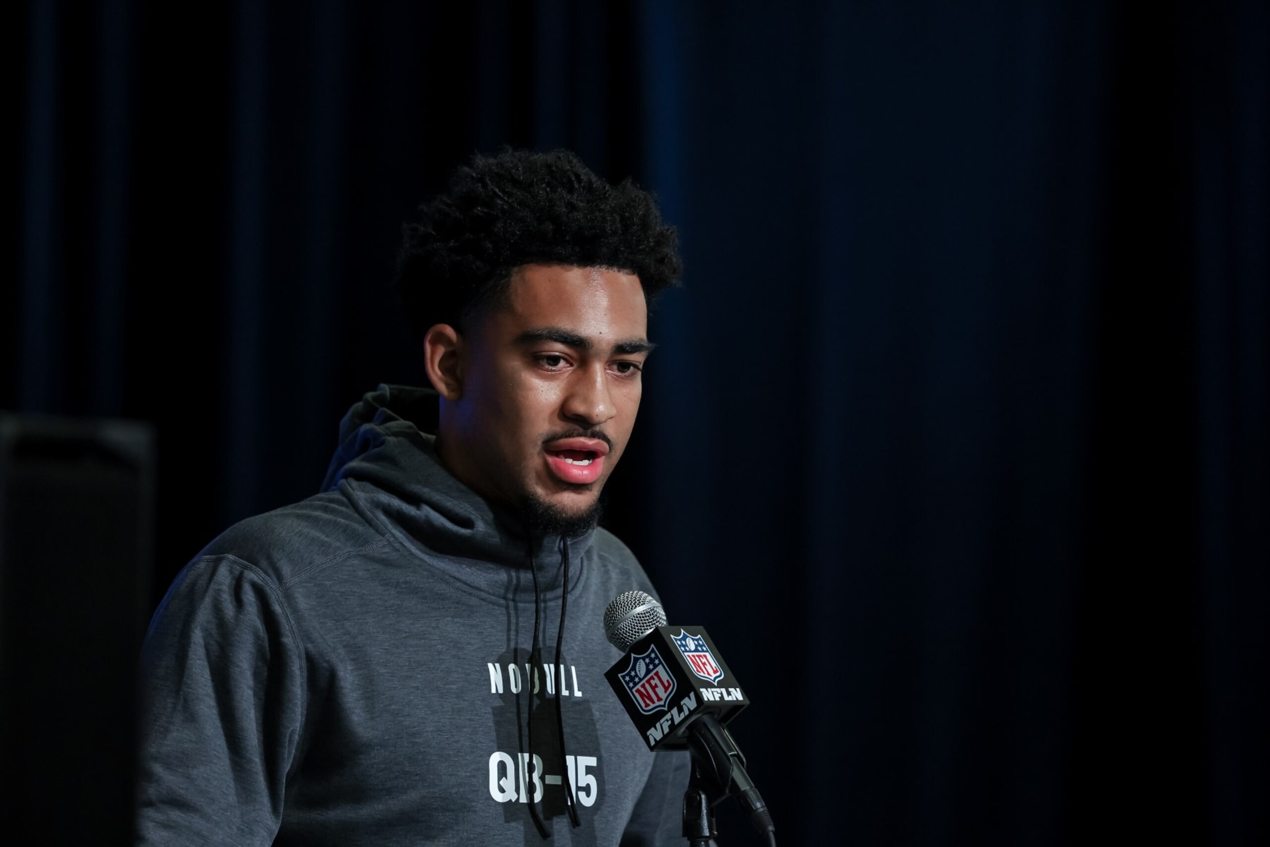 INDIANAPOLIS, IN - MARCH 03: Quarterback Bryce Young of Alabama speaks to the media during the NFL Combine at Lucas Oil Stadium on March 3, 2023 in Indianapolis, Indiana. (Photo by Michael Hickey/Getty Images)