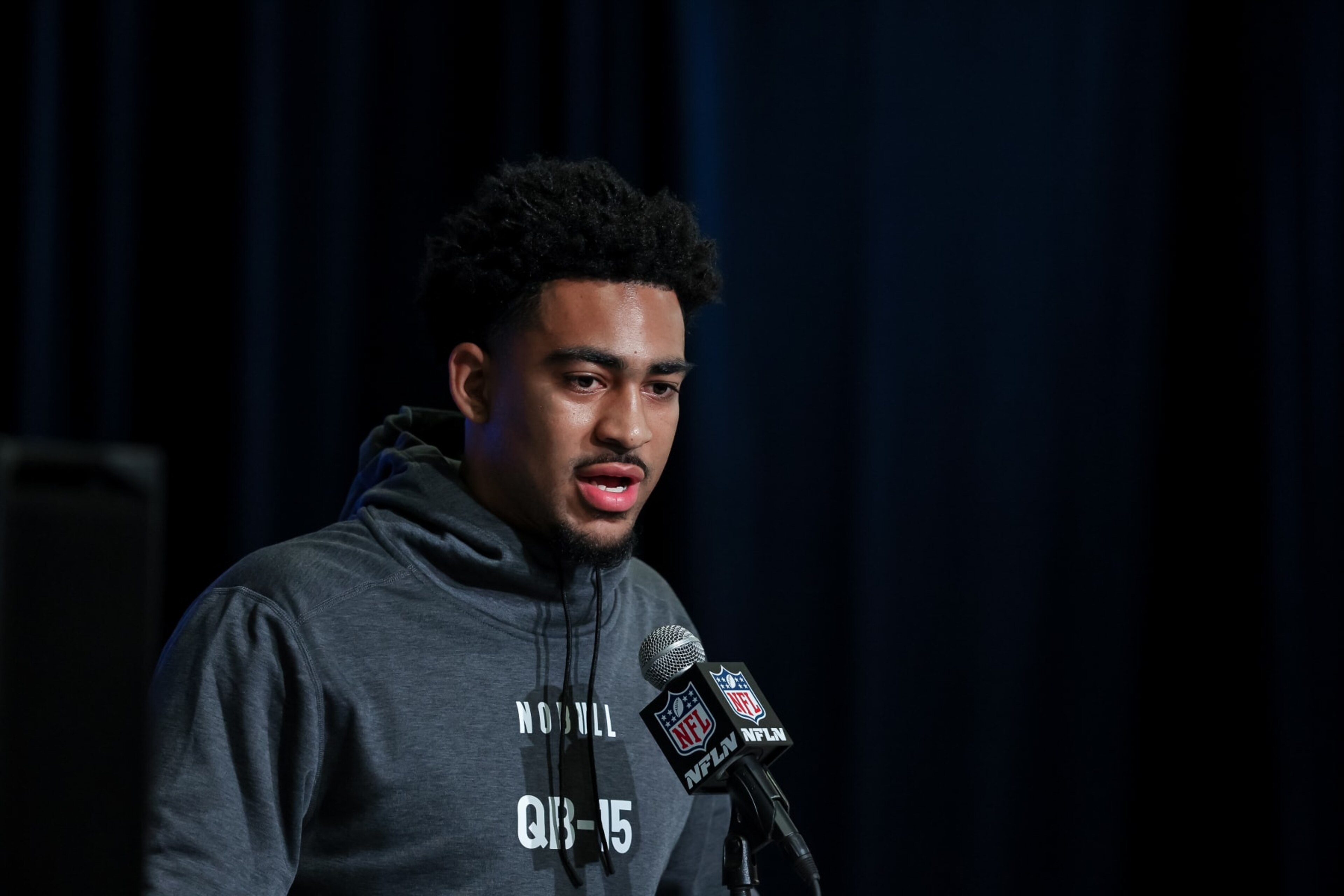 INDIANAPOLIS, IN - MARCH 03: Quarterback Bryce Young of Alabama speaks to the media during the NFL Combine at Lucas Oil Stadium on March 3, 2023 in Indianapolis, Indiana. (Photo by Michael Hickey/Getty Images)