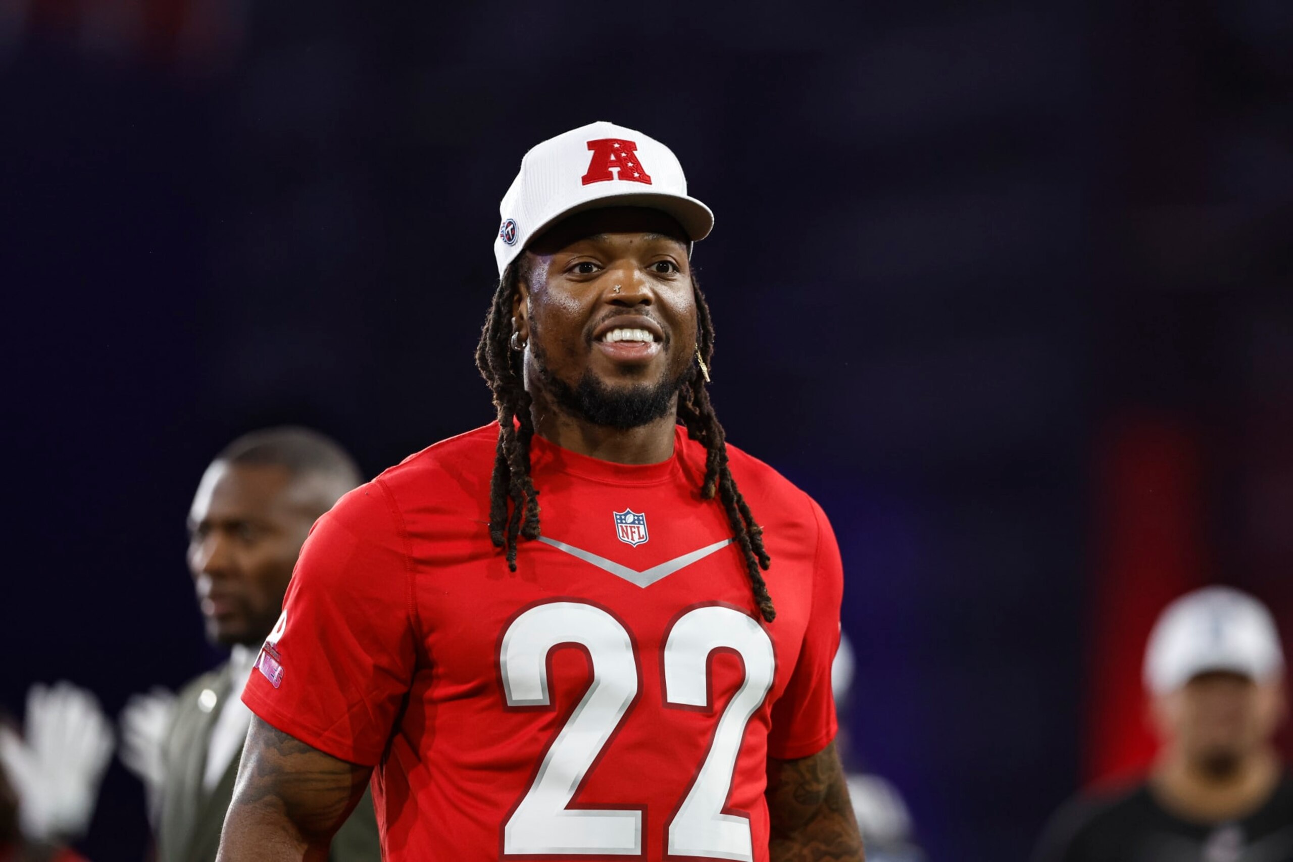 LAS VEGAS, NEVADA - FEBRUARY 02: AFC running back Derrick Henry #22 of the Tennesse Titans reacts during the Pro Bowl Games skills events on February 02, 2023 in Las Vegas, Nevada. (Photo by Michael Owens/Getty Images)