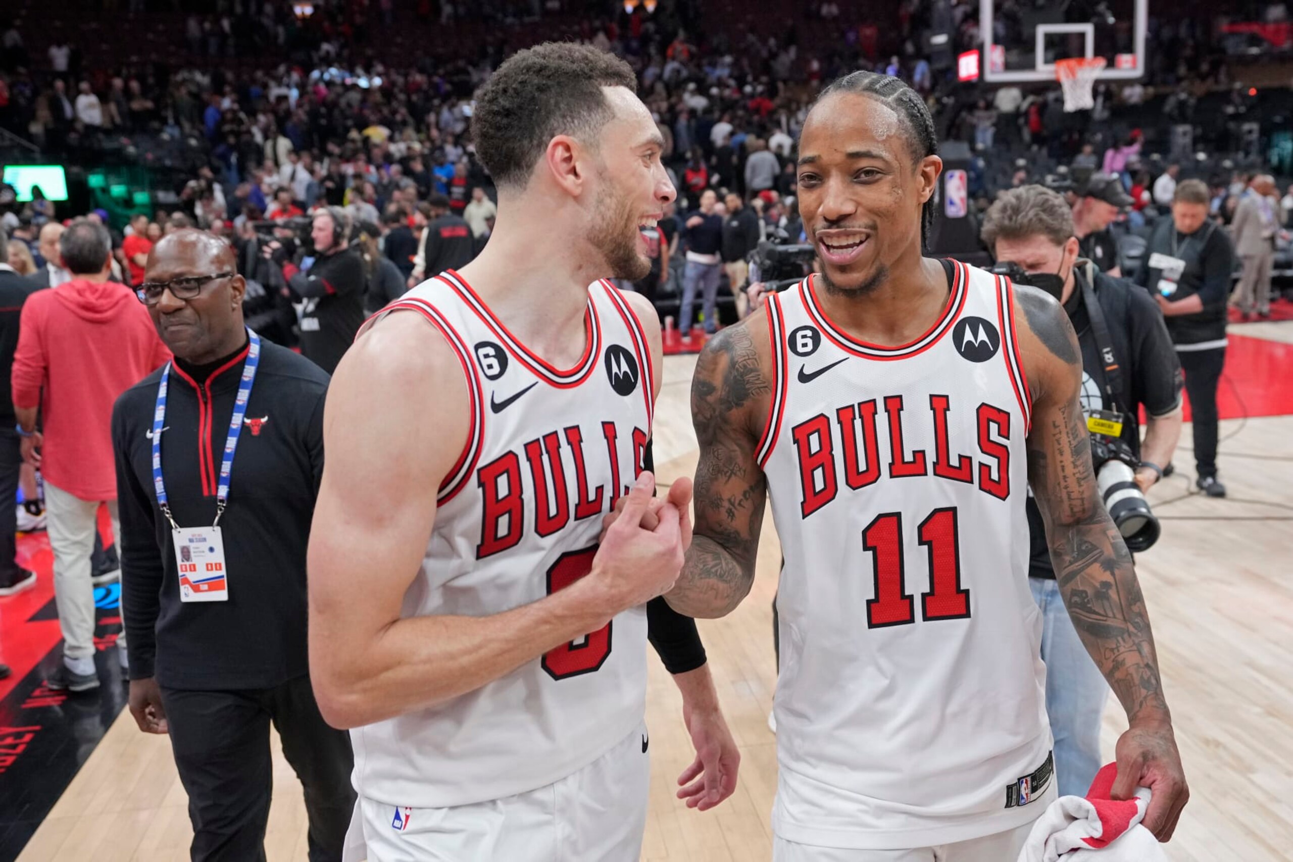 TORONTO, CANADA - APRIL 12: DeMar DeRozan #11 and Zach LaVine #8 of the Chicago Bulls walk off the court after the game against the Toronto Raptors during the 2023 Play-In Tournament on April 12, 2023 at the Scotiabank Arena in Toronto, Ontario, Canada.  NOTE TO USER: User expressly acknowledges and agrees that, by downloading and or using this Photograph, user is consenting to the terms and conditions of the Getty Images License Agreement.  Mandatory Copyright Notice: Copyright 2022 NBAE (Photo by Mark Blinch/NBAE via Getty Images)