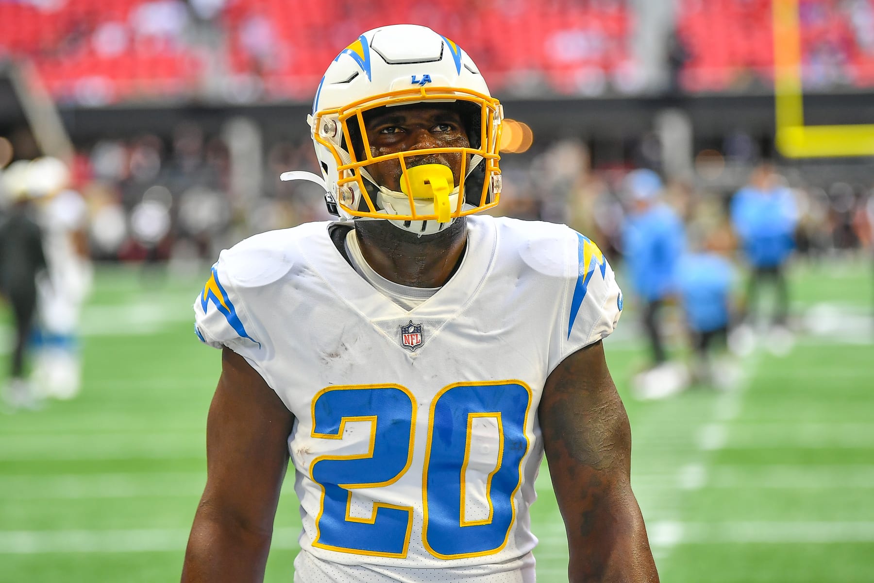 ATLANTA, GA  NOVEMBER 06:  Los Angeles running back Sony Michel (20) warms up prior to the start of the NFL game between the Los Angeles Chargers and the Atlanta Falcons on November 6th, 2022 at Mercedes-Benz Stadium in Atlanta, GA.  (Photo by Rich von Biberstein/Icon Sportswire via Getty Images)