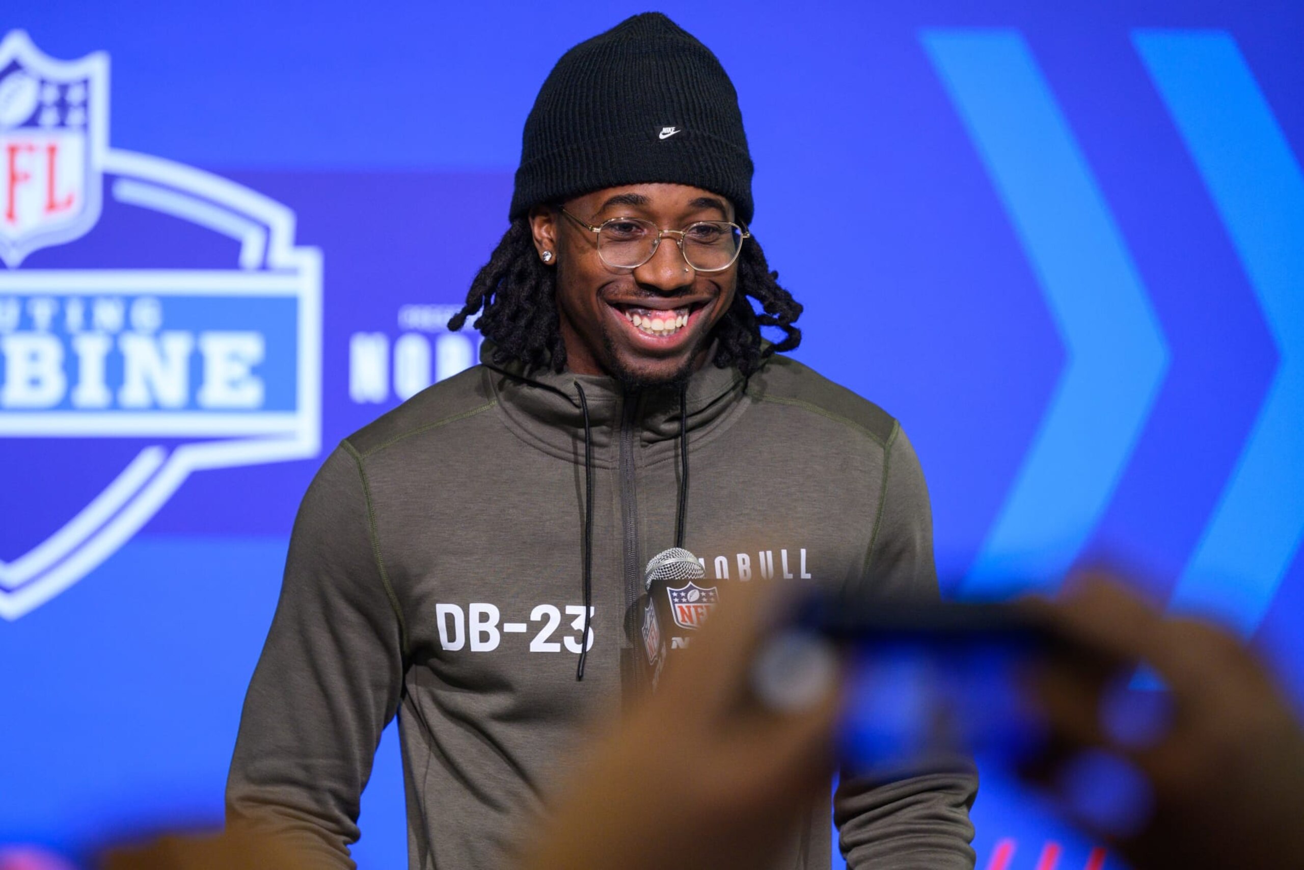 INDIANAPOLIS, IN - MARCH 02: Penn State defensive back Joey Porter Jr. answers questions from the media during the NFL Scouting Combine on March 2, 2023, at the Indiana Convention Center in Indianapolis, IN. (Photo by Zach Bolinger/Icon Sportswire via Getty Images)