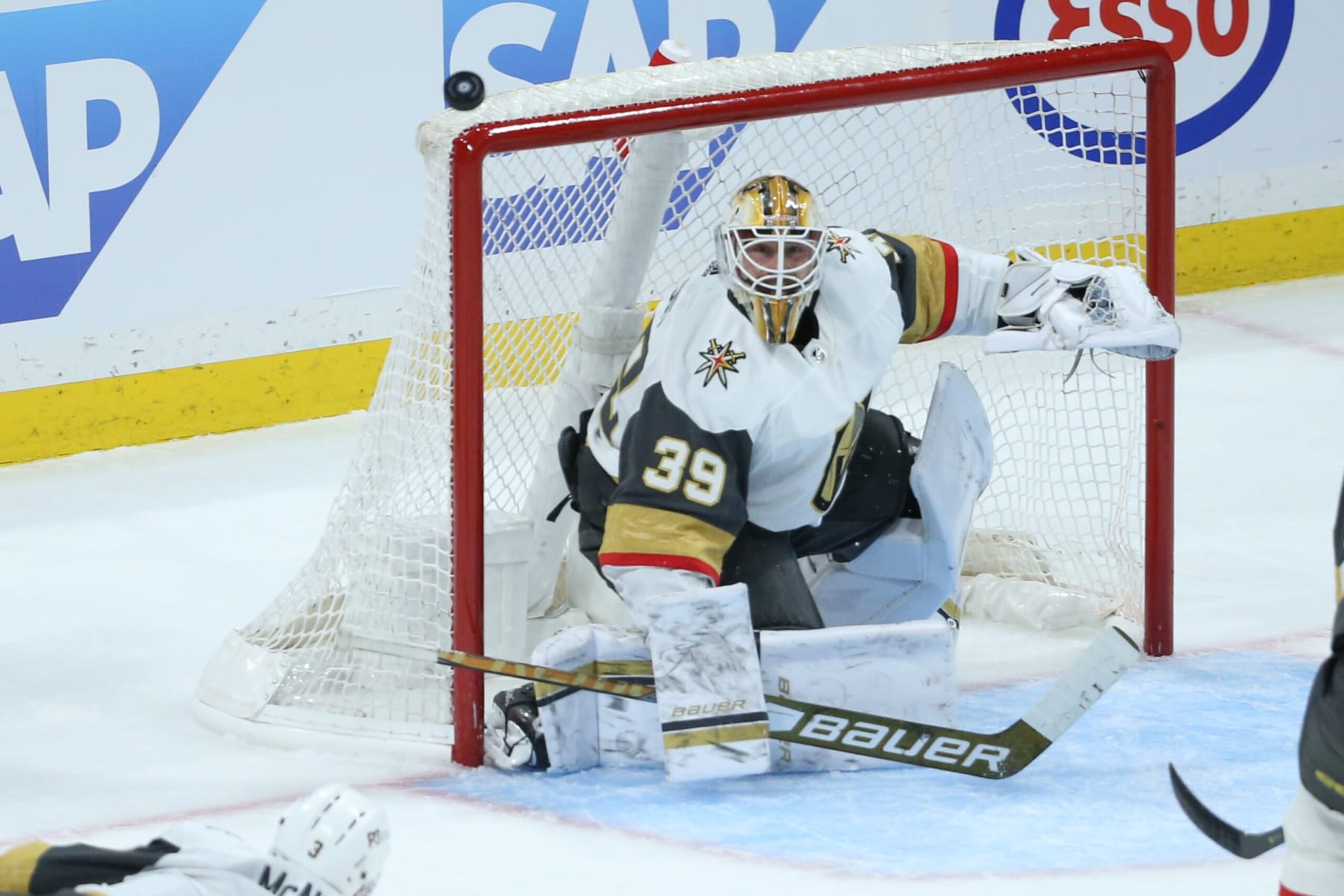 WINNIPEG, MB - APRIL 22: Vegas Golden Knights goalie Laurent Brossoit (39) watches the puckl during the Western Conference first round game between the Winnipeg Jets and the Vegas Golden Knights on April 22, 2023 at the Canada Life Centre in Winnipeg MB. (Photo by Terrence Lee/Icon Sportswire via Getty Images