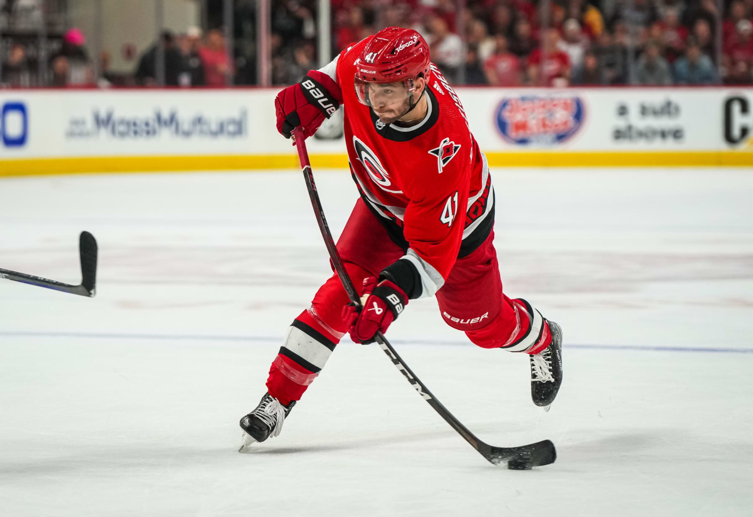 RALEIGH, NORTH CAROLINA - APRIL 19: Shayne Gostisbehere #41 of the Carolina Hurricanes shoots the puck during the third period against the New York Islanders in Game Two of the First Round of the 2023 Stanley Cup Playoffs at PNC Arena on April 19, 2023 in Raleigh, North Carolina. (Photo by Josh Lavallee/NHLI via Getty Images)