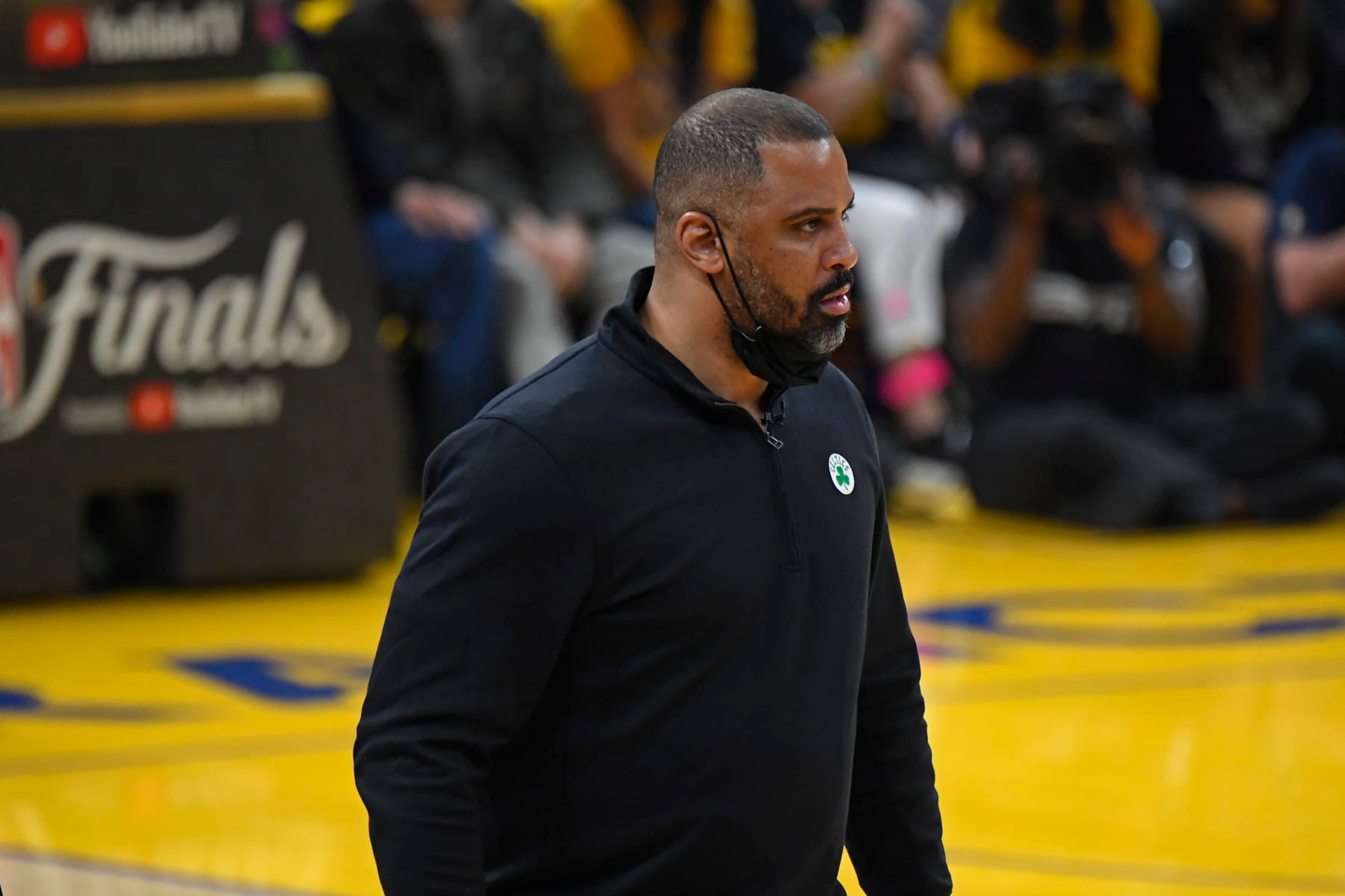 SAN FRANCISCO, CA - JUNE 13: Head Coach Ime Udoka of the Boston Celtics looks on against the Golden State Warriors during Game Five of the 2022 NBA Finals on June 13, 2022 at Chase Center in San Francisco, California. NOTE TO USER: User expressly acknowledges and agrees that, by downloading and or using this photograph, user is consenting to the terms and conditions of Getty Images License Agreement. Mandatory Copyright Notice: Copyright 2022 NBAE (Photo by Brian Babineau/NBAE via Getty Images) SAN FRANCISCO, CA - JUNE 13: Head Coach Ime Udoka of the Boston Celtics looks on against the Golden State Warriors during Game Five of the 2022 NBA Finals on June 13, 2022 at Chase Center in San Francisco, California. NOTE TO USER: User expressly acknowledges and agrees that, by downloading and or using this photograph, user is consenting to the terms and conditions of Getty Images License Agreement. Mandatory Copyright Notice: Copyright 2022 NBAE (Photo by Brian Babineau/NBAE via Getty Images)
