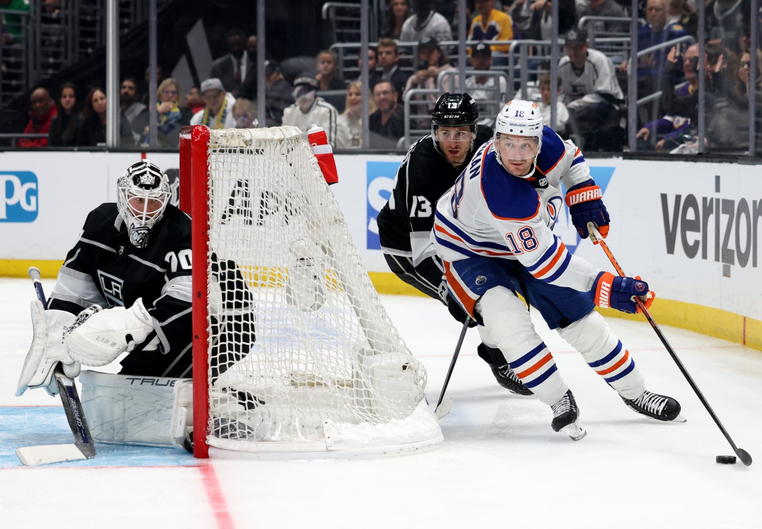 Los Angeles goalie Joonas Korpisalo and Edmonton's Zach Hyman