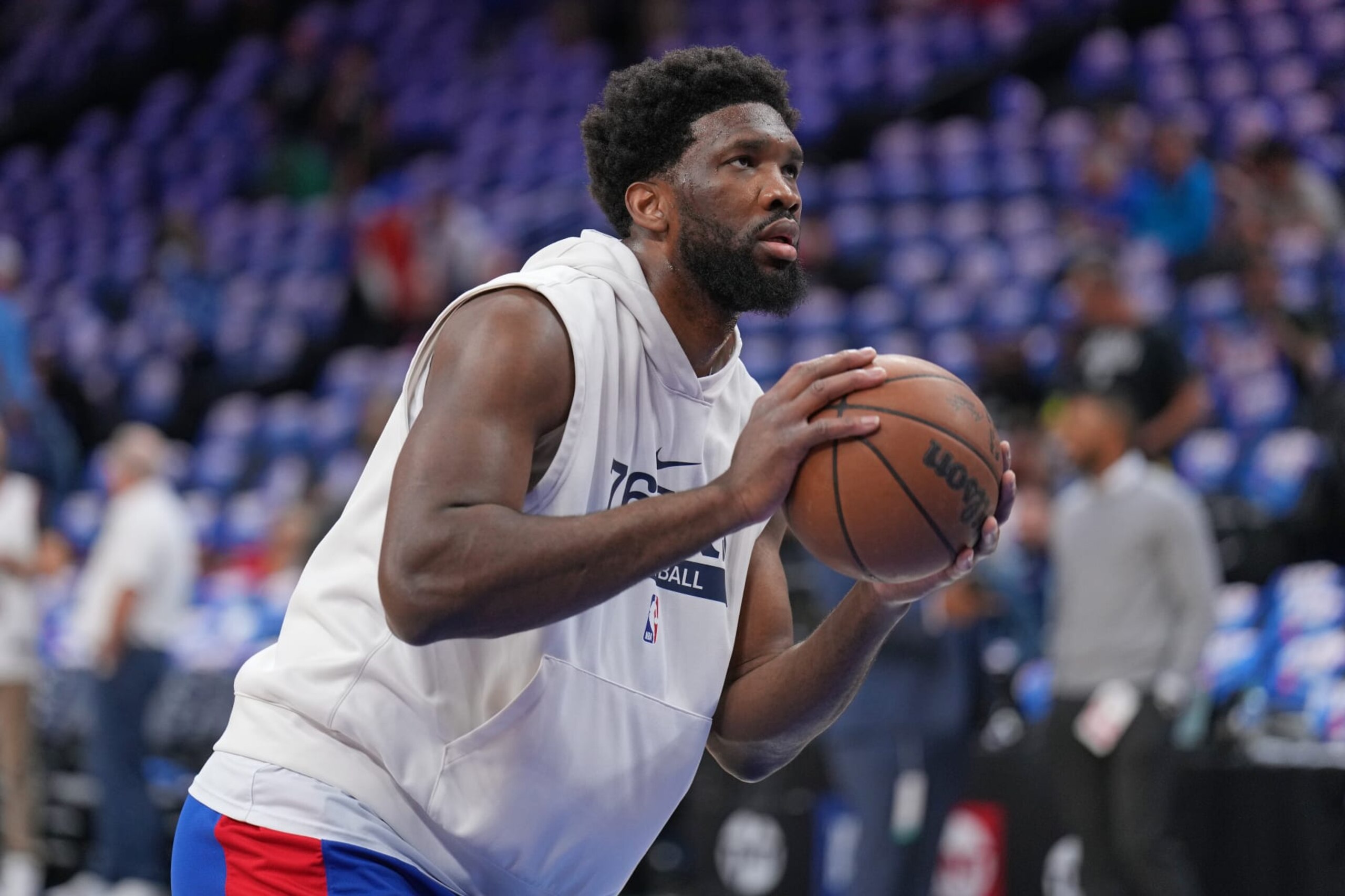 PHILADELPHIA, PA - APRIL 17: Joel Embiid #21 of the Philadelphia 76ers warms up before Round 1 Game 2 of the 2023 NBA Playoffs against the Brooklyn Nets on April 17, 2023 at the Wells Fargo Center in Philadelphia, Pennsylvania NOTE TO USER: User expressly acknowledges and agrees that, by downloading and/or using this Photograph, user is consenting to the terms and conditions of the Getty Images License Agreement. Mandatory Copyright Notice: Copyright 2023 NBAE (Photo by Jesse D. Garrabrant/NBAE via Getty Images)