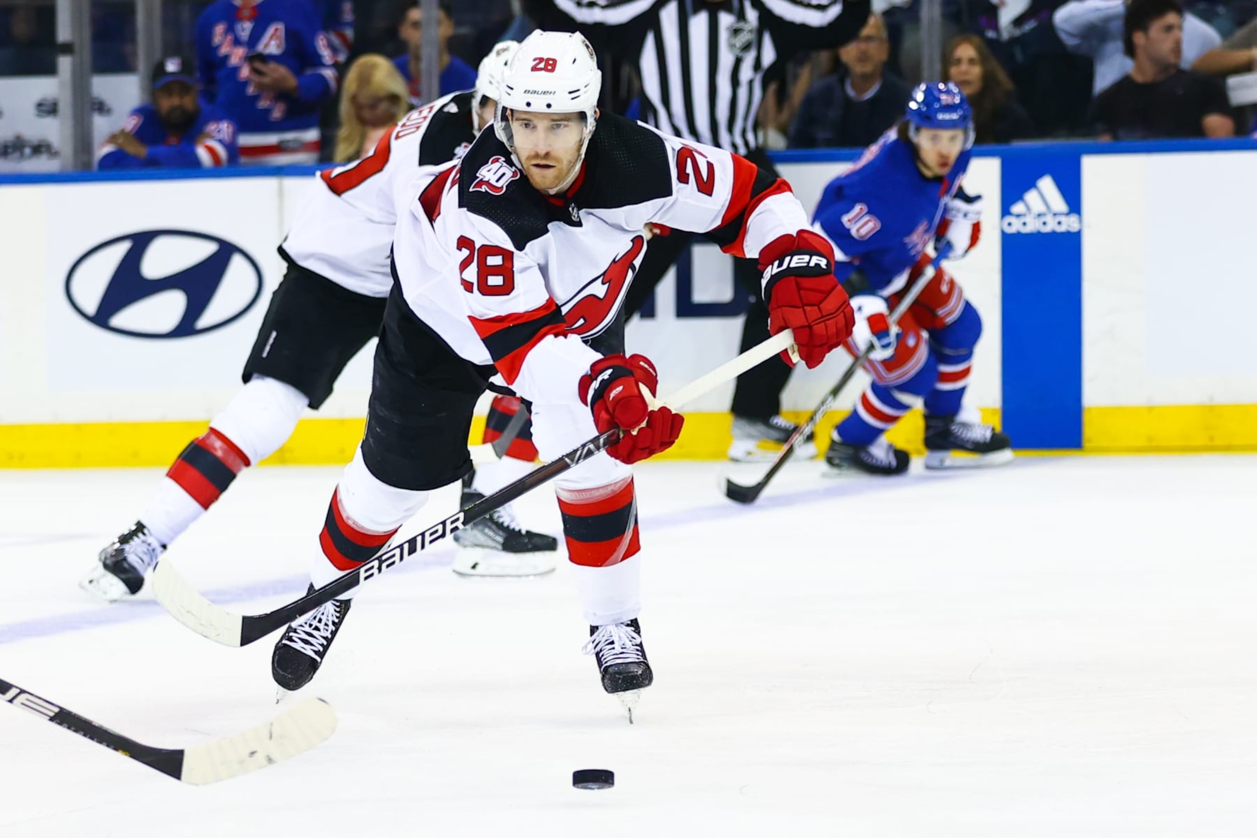 NEW YORK, NY - APRIL 22: New Jersey Devils Defenseman Damon Severson (28) in action during NY Rangers Practice on April 17, 2023 at the MSG Training Center in Tarrytown, NY. (Photo by Joshua Sarner/Icon Sportswire via Getty Images)