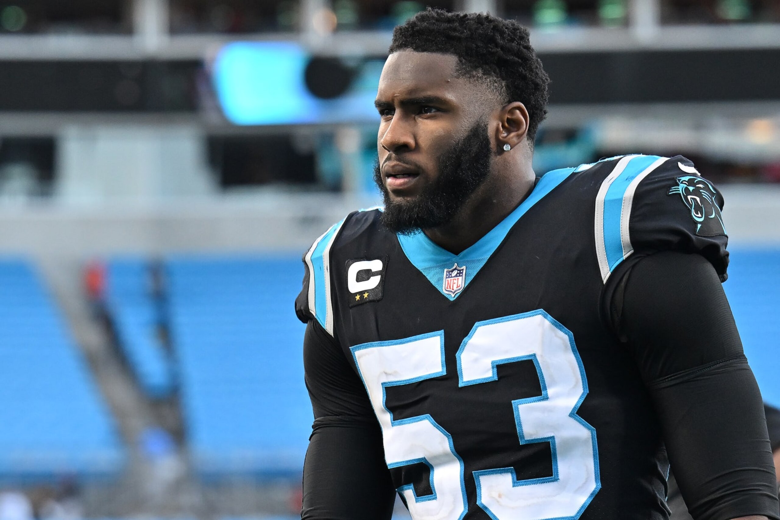 CHARLOTTE, NORTH CAROLINA - NOVEMBER 27: Brian Burns #53 of the Carolina Panthers leaves the field after their game against the Denver Broncos at Bank of America Stadium on November 27, 2022 in Charlotte, North Carolina. (Photo by Grant Halverson/Getty Images)