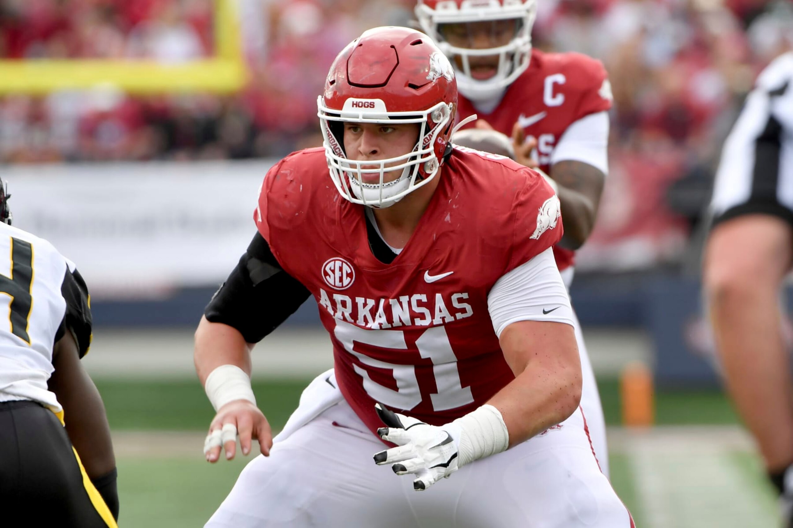 Arkansas center Ricky Stromberg (51) against Pine Bluff during an NCAA college football game Saturday, Oct. 23, 2021, in Little Rock, Ark. (AP Photo/Michael Woods)