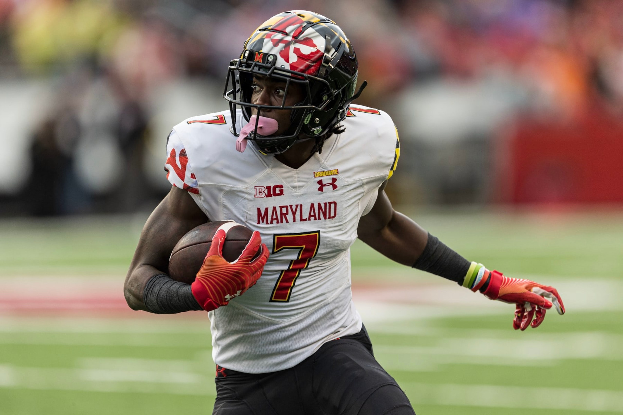 MADISON, WI - NOVEMBER 05: Maryland Terrapins wide receiver Dontay Demus Jr. (7) looks for more yardsa after the catch durning a college football game between the Maryland Terrapins and the Wisconsin Badgers on November 5th, 2022 at Barry Alvarez field in Camp Randall Stadium in Madison, WI. (Photo by Dan Sanger/Icon Sportswire via Getty Images)