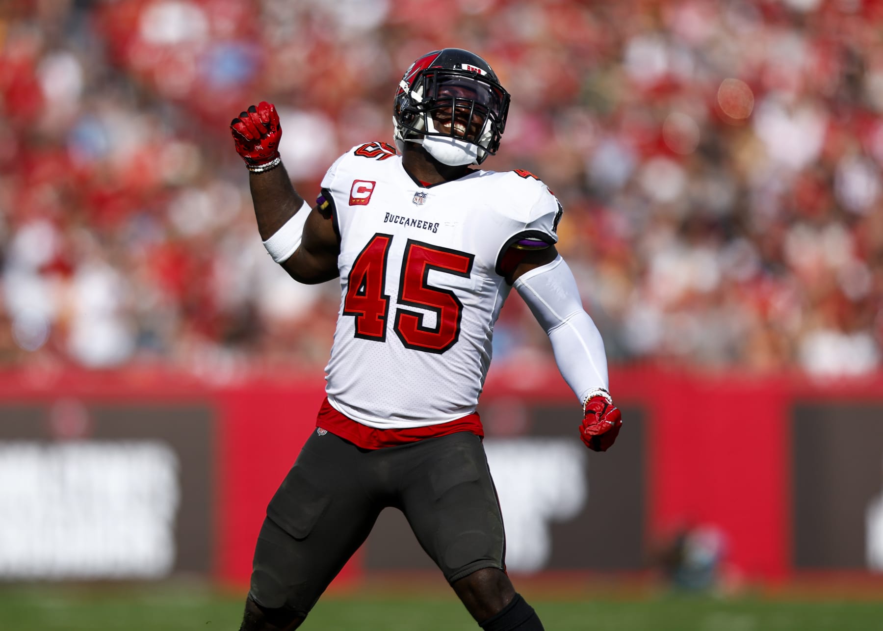 TAMPA, FL - JANUARY 1: Devin White #45 of the Tampa Bay Buccaneers celebrates after a tackle during the second quarter of an NFL football game against the Carolina Panthers at Raymond James Stadium on January 1, 2023 in Tampa, Florida. (Photo by Kevin Sabitus/Getty Images)