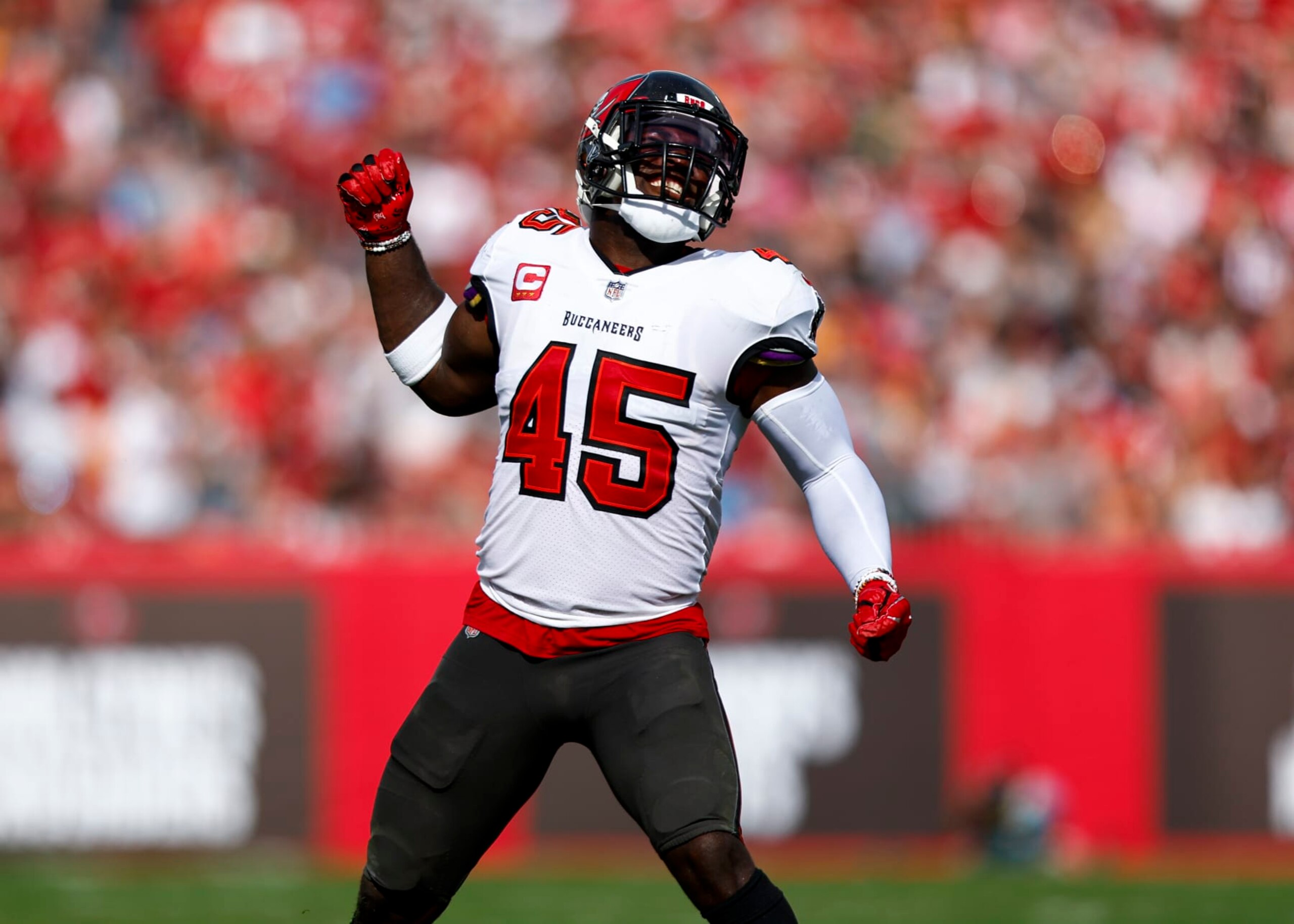 TAMPA, FL - JANUARY 1: Devin White #45 of the Tampa Bay Buccaneers celebrates after a tackle during the second quarter of an NFL football game against the Carolina Panthers at Raymond James Stadium on January 1, 2023 in Tampa, Florida. (Photo by Kevin Sabitus/Getty Images)