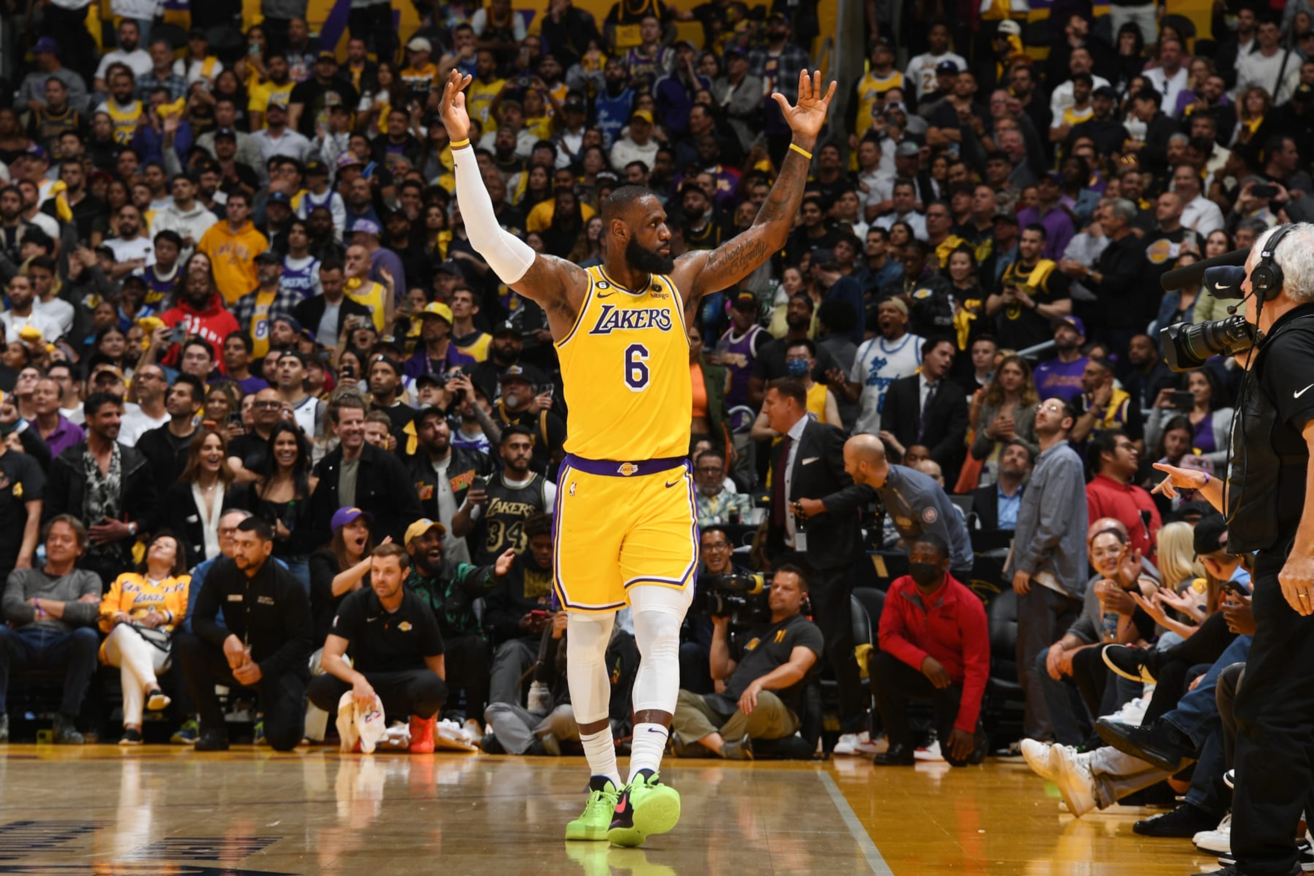 LOS ANGELES, CA - APRIL 24: LeBron James #6 of the Los Angeles Lakers celebrates during Round One Game Four of the 2023 NBA Playoffs against the Memphis Grizzlies on April 24, 2023 at Crypto.Com Arena in Los Angeles, California. NOTE TO USER: User expressly acknowledges and agrees that, by downloading and/or using this Photograph, user is consenting to the terms and conditions of the Getty Images License Agreement. Mandatory Copyright Notice: Copyright 2023 NBAE (Photo by Andrew D. Bernstein/NBAE via Getty Images)