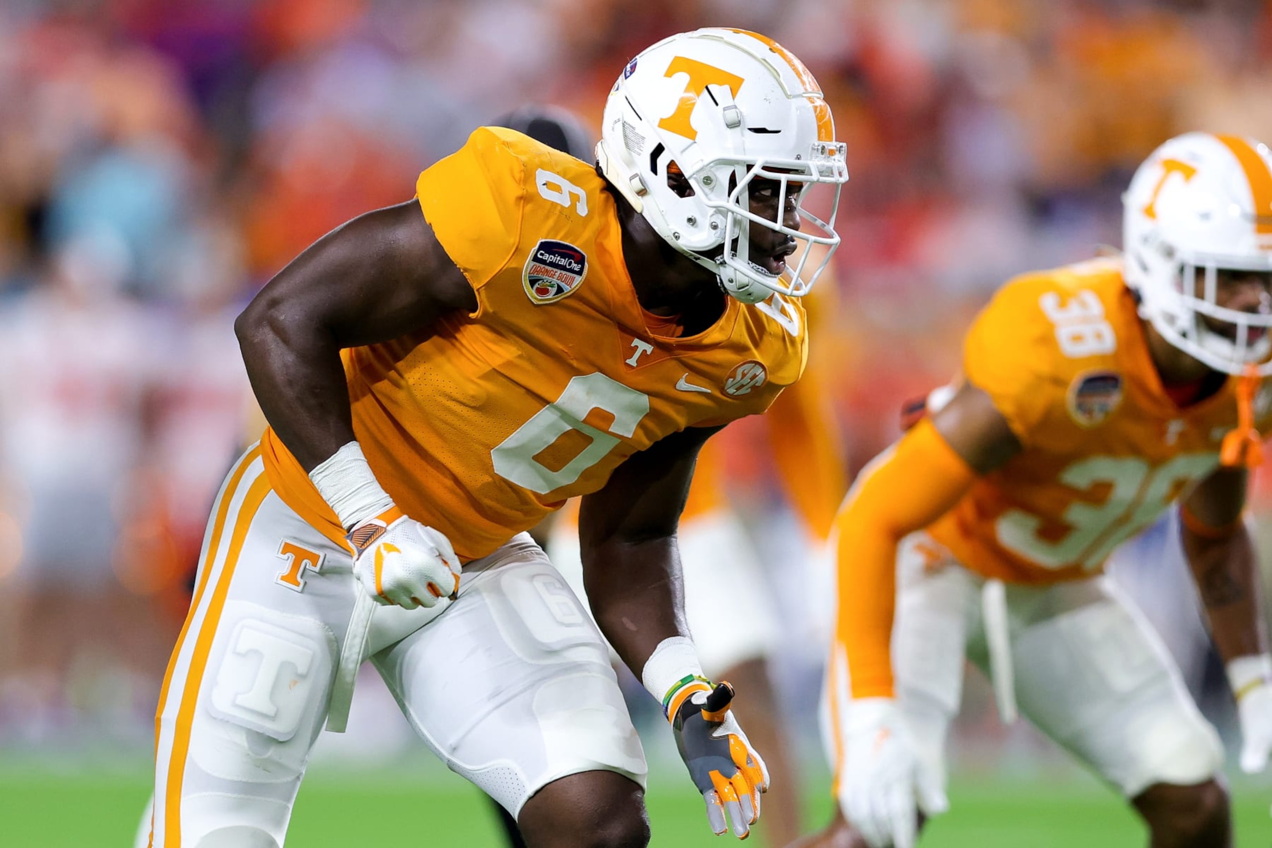 MIAMI GARDENS, FLORIDA - DECEMBER 30: Byron Young #6 of the Tennessee Volunteers in action against the Clemson Tigers during the second half in the Capital One Orange Bowl at Hard Rock Stadium on December 30, 2022 in Miami Gardens, Florida. (Photo by Megan Briggs/Getty Images)