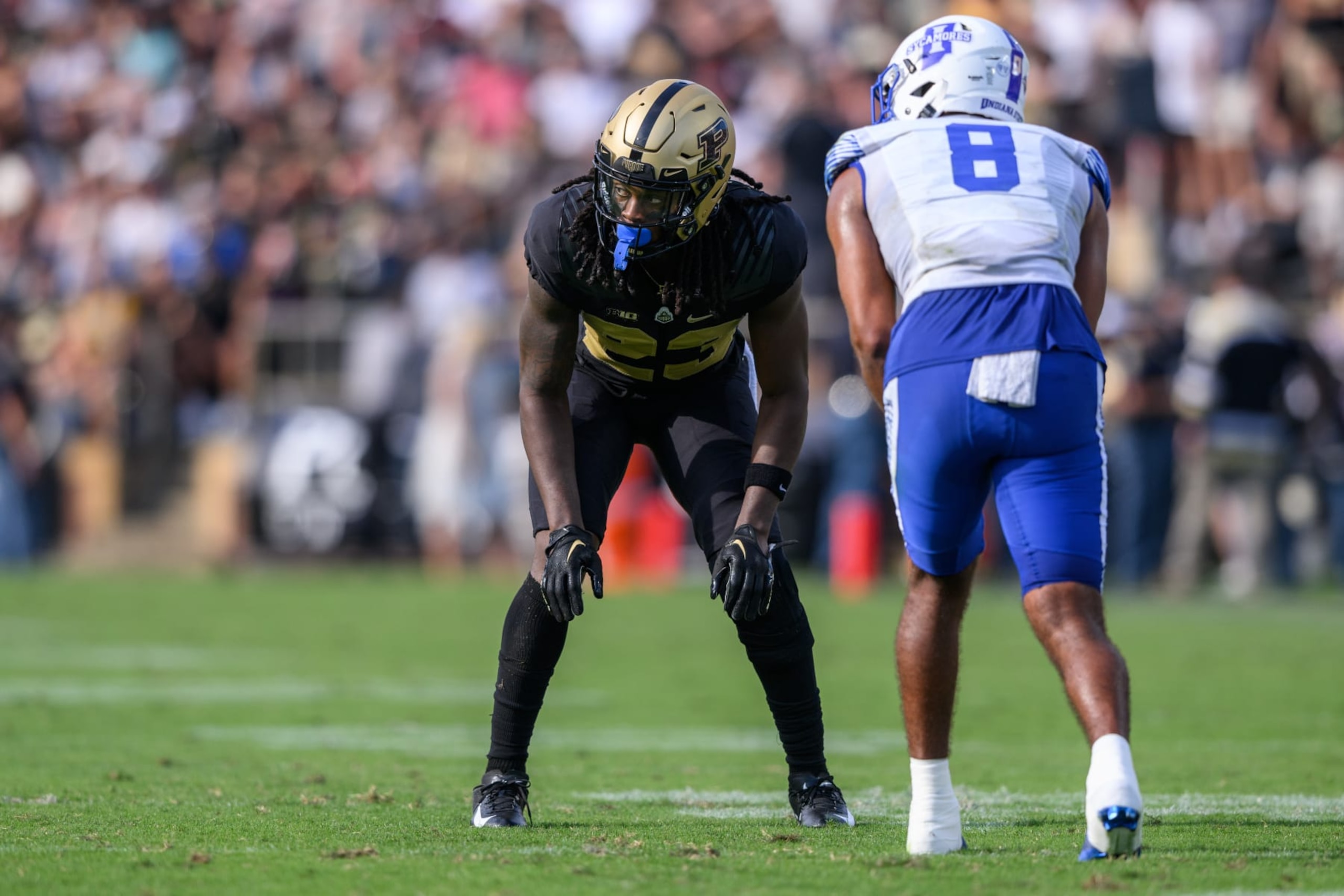 WEST LAFAYETTE, IN - SEPTEMBER 10: Purdue Boilermakers cornerback Cory Trice (23) lines up on defense during the college football game between the Purdue Boilermakers and Indiana State Sycamores on September 10, 2022, at Ross-Ade Stadium in West Lafayette, IN. (Photo by Zach Bolinger/Icon Sportswire via Getty Images)