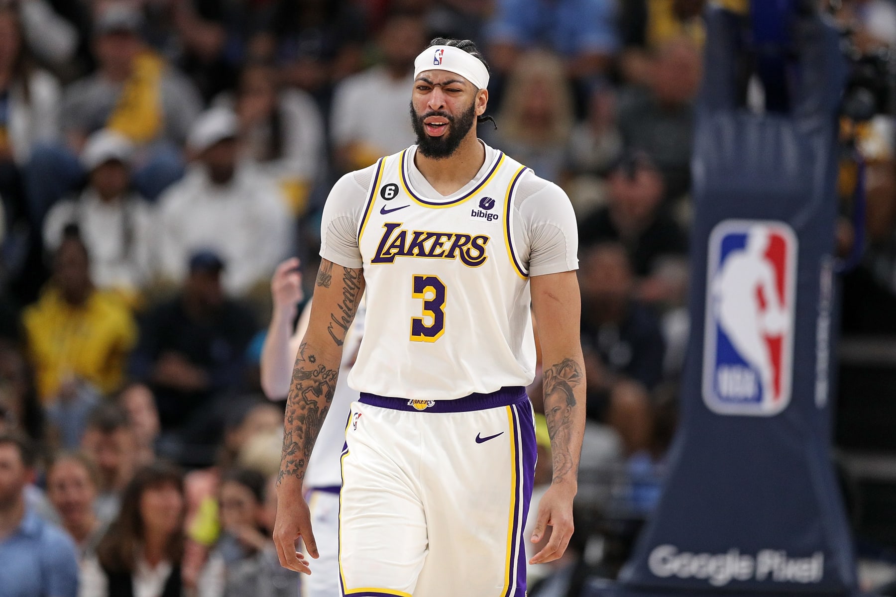 MEMPHIS, TENNESSEE - APRIL 16: Anthony Davis #3 of the Los Angeles Lakers reacts during the game against the Memphis Grizzlies during Game One of the Western Conference First Round Playoffs at FedExForum on April 16, 2023 in Memphis, Tennessee. NOTE TO USER: User expressly acknowledges and agrees that, by downloading and or using this photograph, User is consenting to the terms and conditions of the Getty Images License Agreement.  (Photo by Justin Ford/Getty Images)
