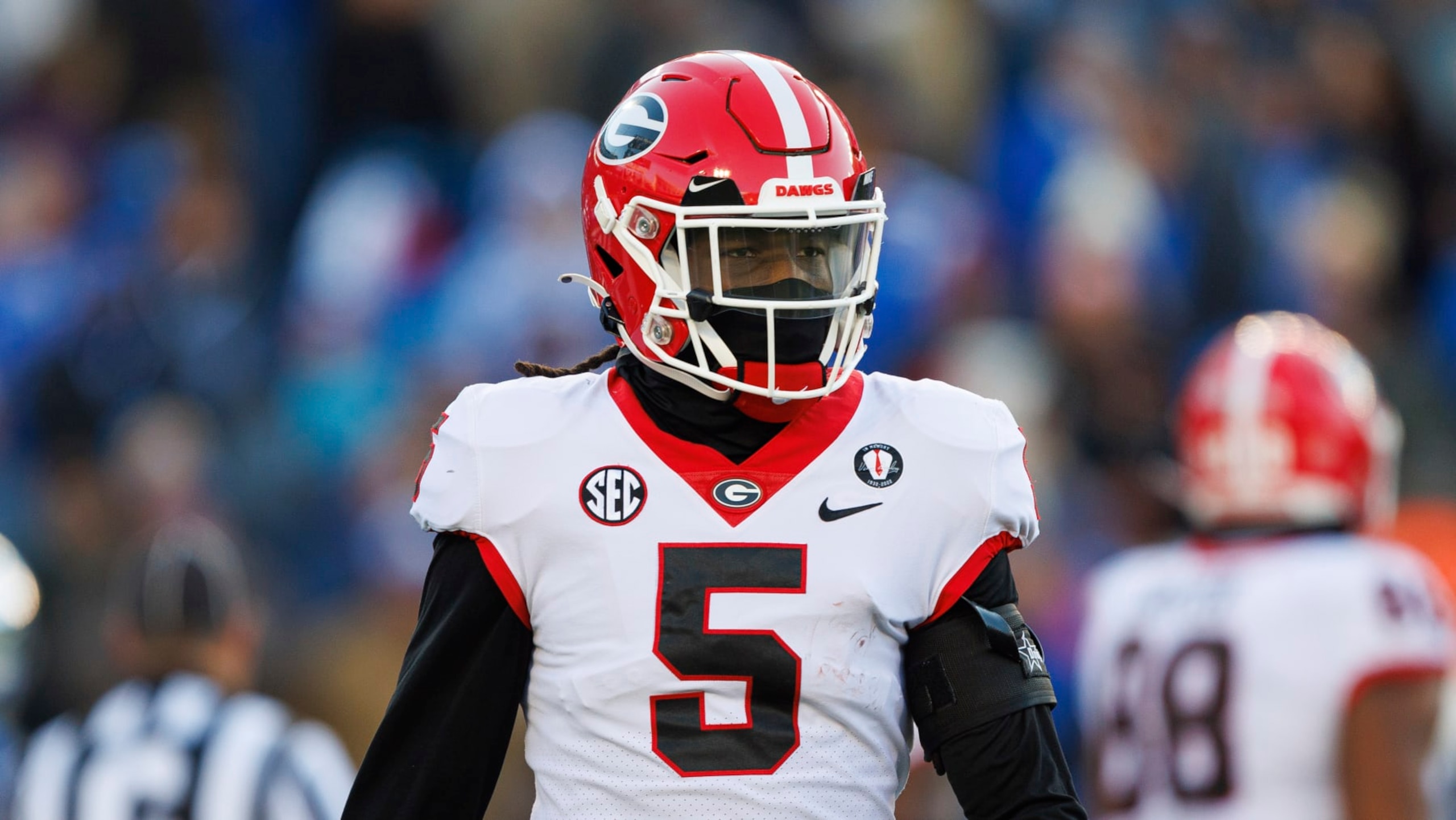 Georgia defensive back Kelee Ringo (5) looks on during an NCAA college football game against Kentucky in Lexington, Ky., Saturday, Nov. 19, 2022. (AP Photo/Michael Clubb)