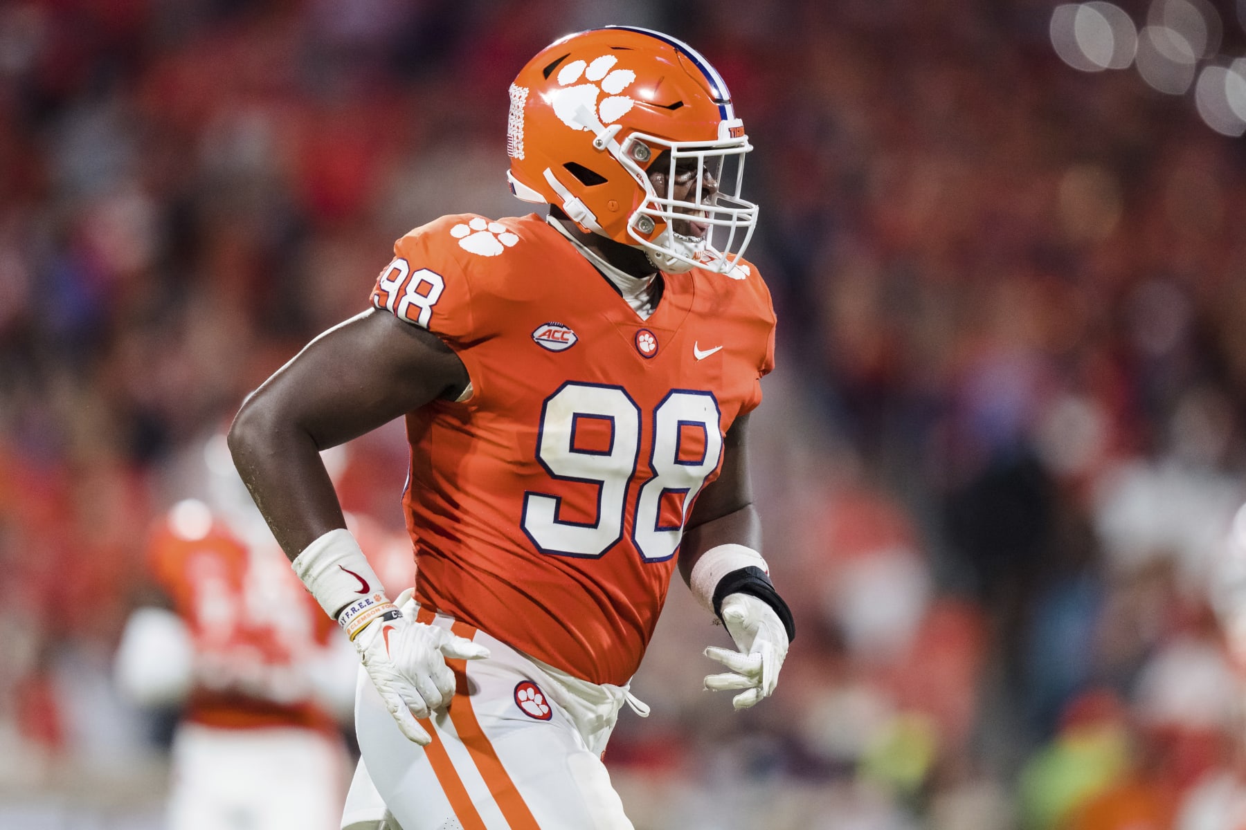 Clemson defensive end Myles Murphy (98) looks on during an NCAA college football game against North Carolina State Saturday, Oct. 1, 2022, in Clemson, S.C. (AP Photo/Jacob Kupferman)