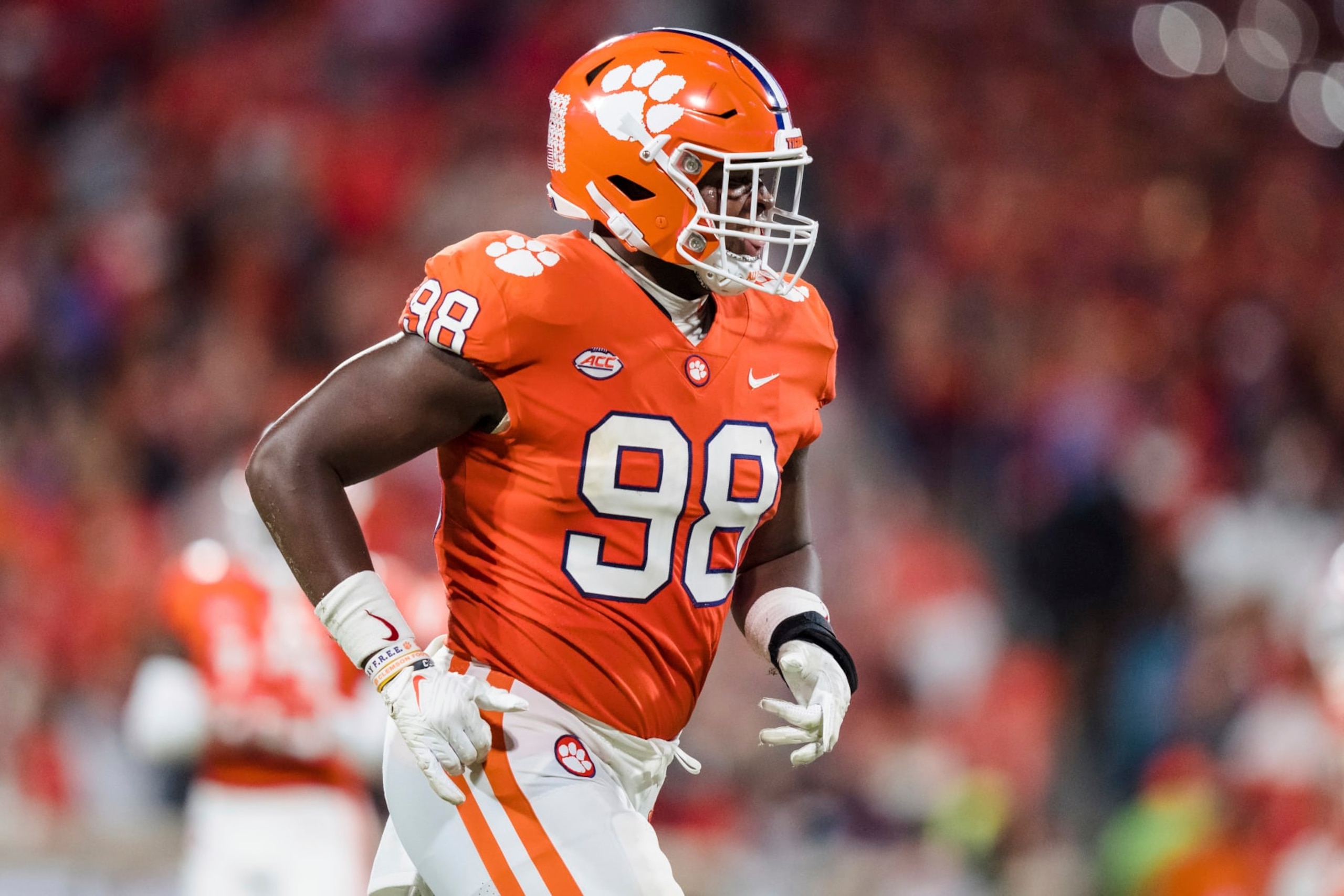 Clemson defensive end Myles Murphy (98) looks on during an NCAA college football game against North Carolina State Saturday, Oct. 1, 2022, in Clemson, S.C. (AP Photo/Jacob Kupferman)