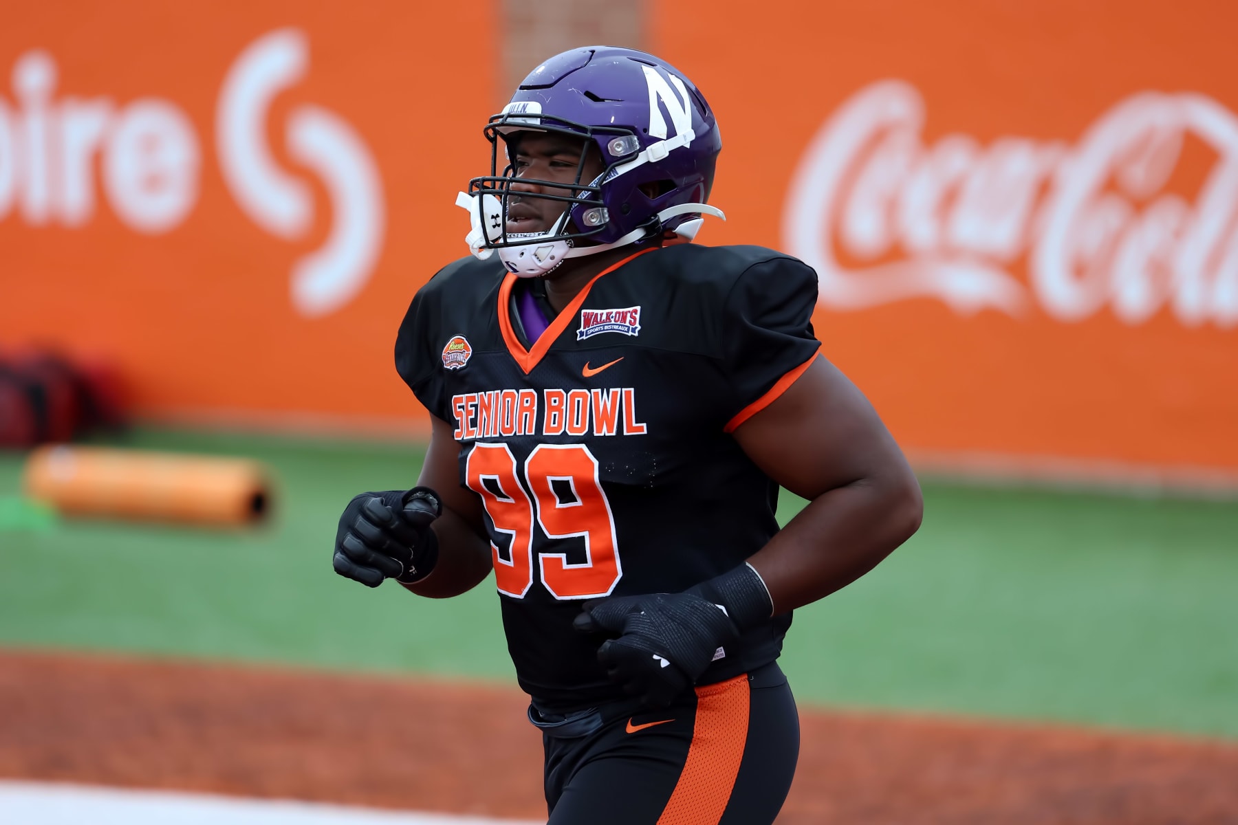 MOBILE, AL - FEBRUARY 01: National defensive lineman Adetomiwa Adebawore of Northwestern (99)during the Reese's Senior Bowl National team practice session on February 1, 2023 at Hancock Whitney Stadium in Mobile, Alabama.  (Photo by Michael Wade/Icon Sportswire via Getty Images)