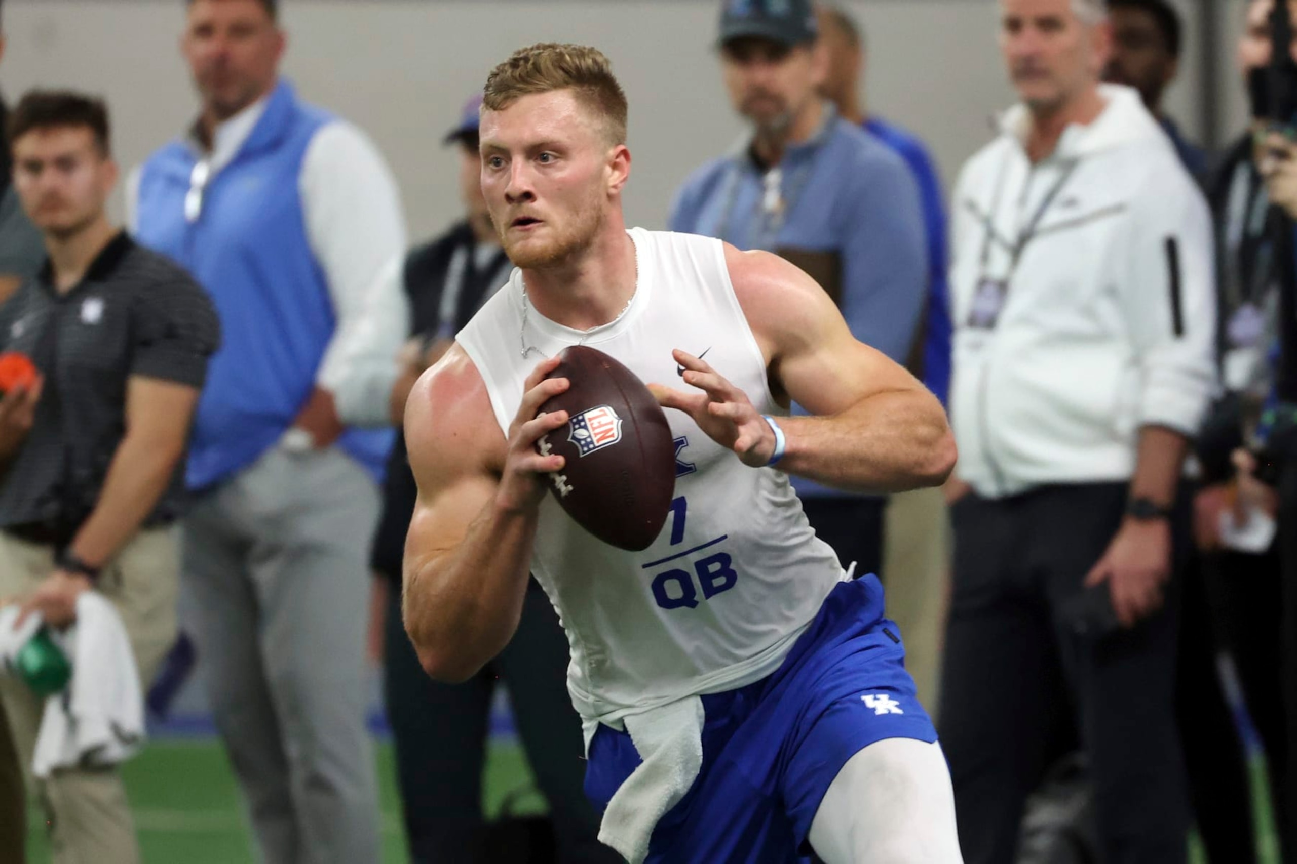 Kentucky's Will Levis prepares to throw a pass during the NCAA college football team's NFL Pro Day in Lexington, Ky., Friday, March 24, 2023. (AP Photo/James Crisp) Kentucky's Will Levis prepares to throw a pass during the NCAA college football team's NFL Pro Day in Lexington, Ky., Friday, March 24, 2023. (AP Photo/James Crisp)