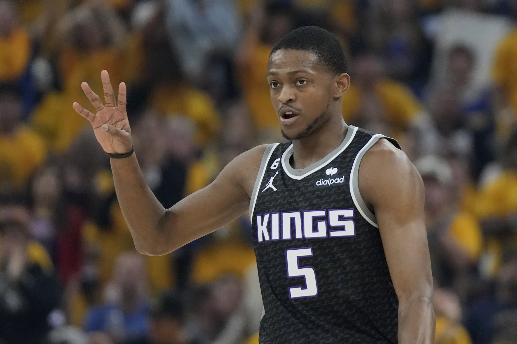 Sacramento Kings guard De'Aaron Fox (5) during Game 4 in the first round of the NBA basketball playoffs against the Golden State Warriors in San Francisco, Sunday, April 23, 2023. (AP Photo/Jeff Chiu)