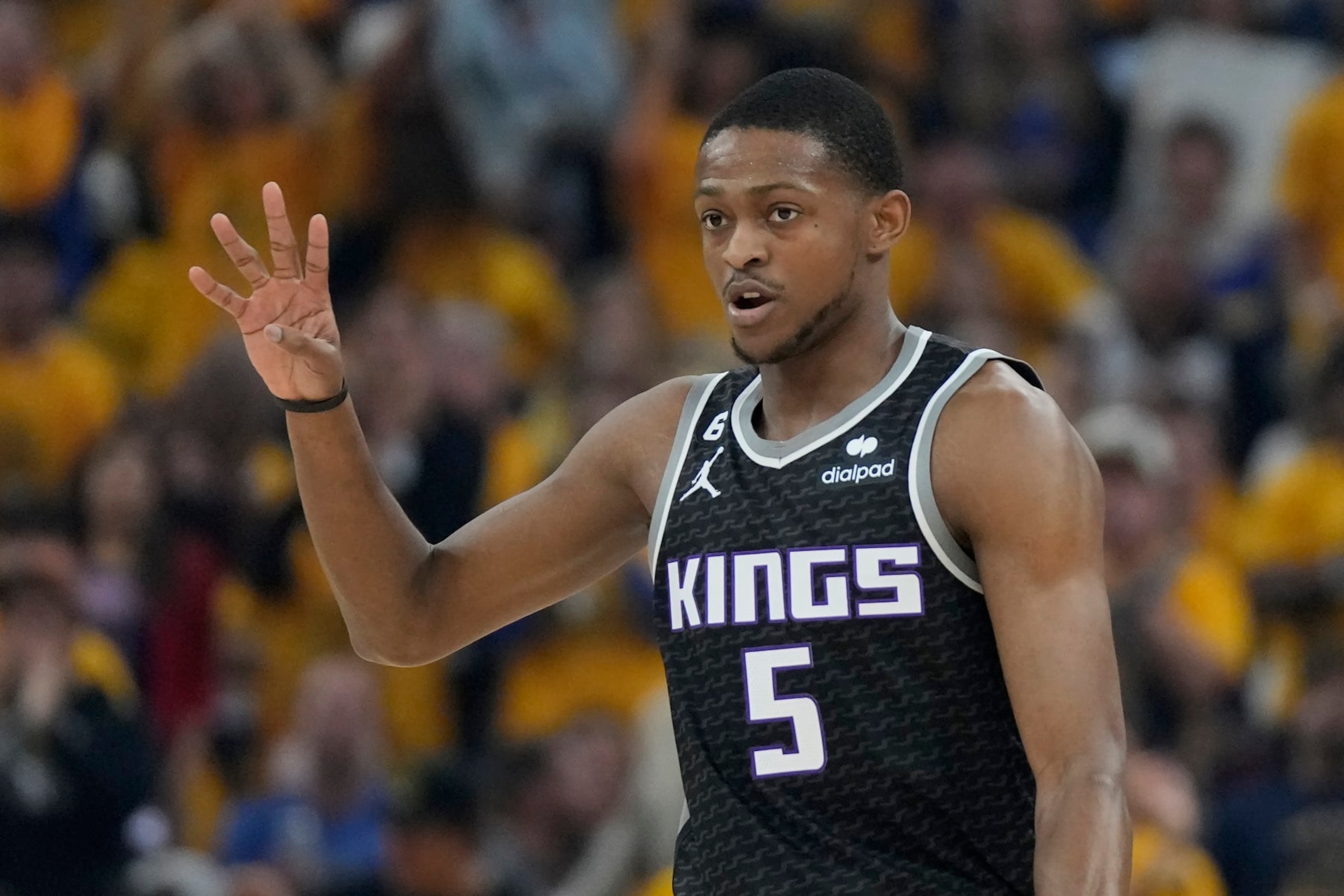 Sacramento Kings guard De'Aaron Fox (5) during Game 4 in the first round of the NBA basketball playoffs against the Golden State Warriors in San Francisco, Sunday, April 23, 2023. (AP Photo/Jeff Chiu)