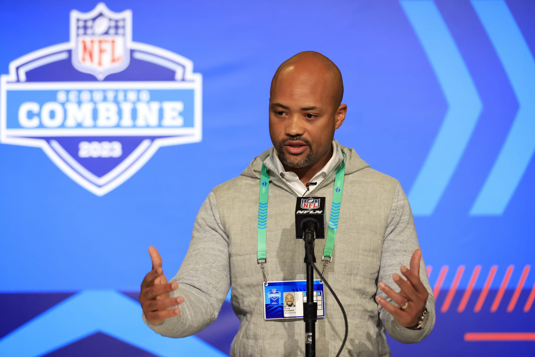 INDIANAPOLIS, INDIANA - FEBRUARY 28: General Manager Terry Fontenot of the Atlanta Falcons speaks with the media during the NFL Combine at Lucas Oil Stadium on February 28, 2023 in Indianapolis, Indiana. (Photo by Justin Casterline/Getty Images)