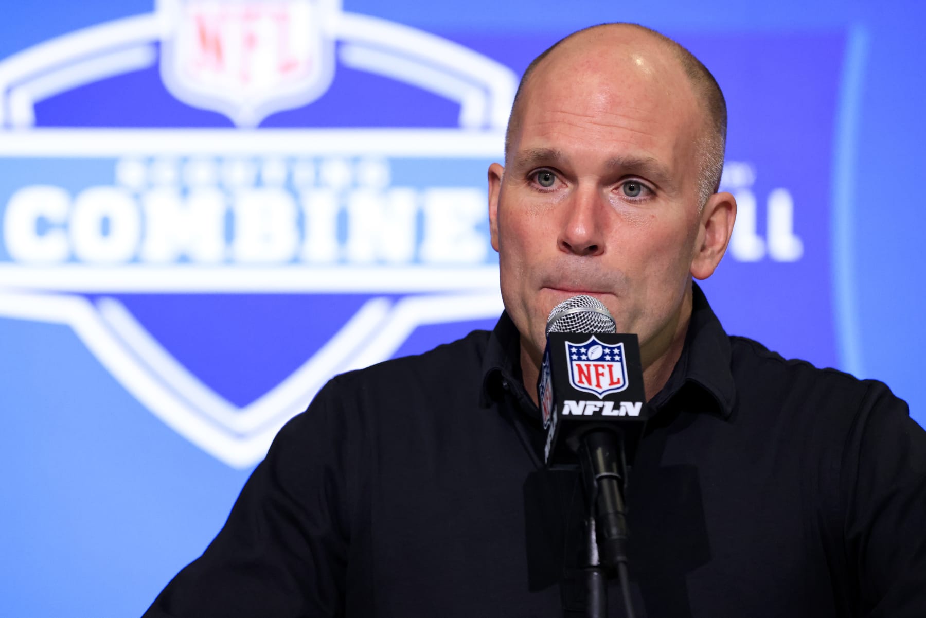 INDIANAPOLIS, INDIANA - MARCH 01: General Manager Eric DeCosta of the Baltimore Ravens speaks to the media during the NFL Combine at Lucas Oil Stadium on March 01, 2023 in Indianapolis, Indiana. (Photo by Justin Casterline/Getty Images)
