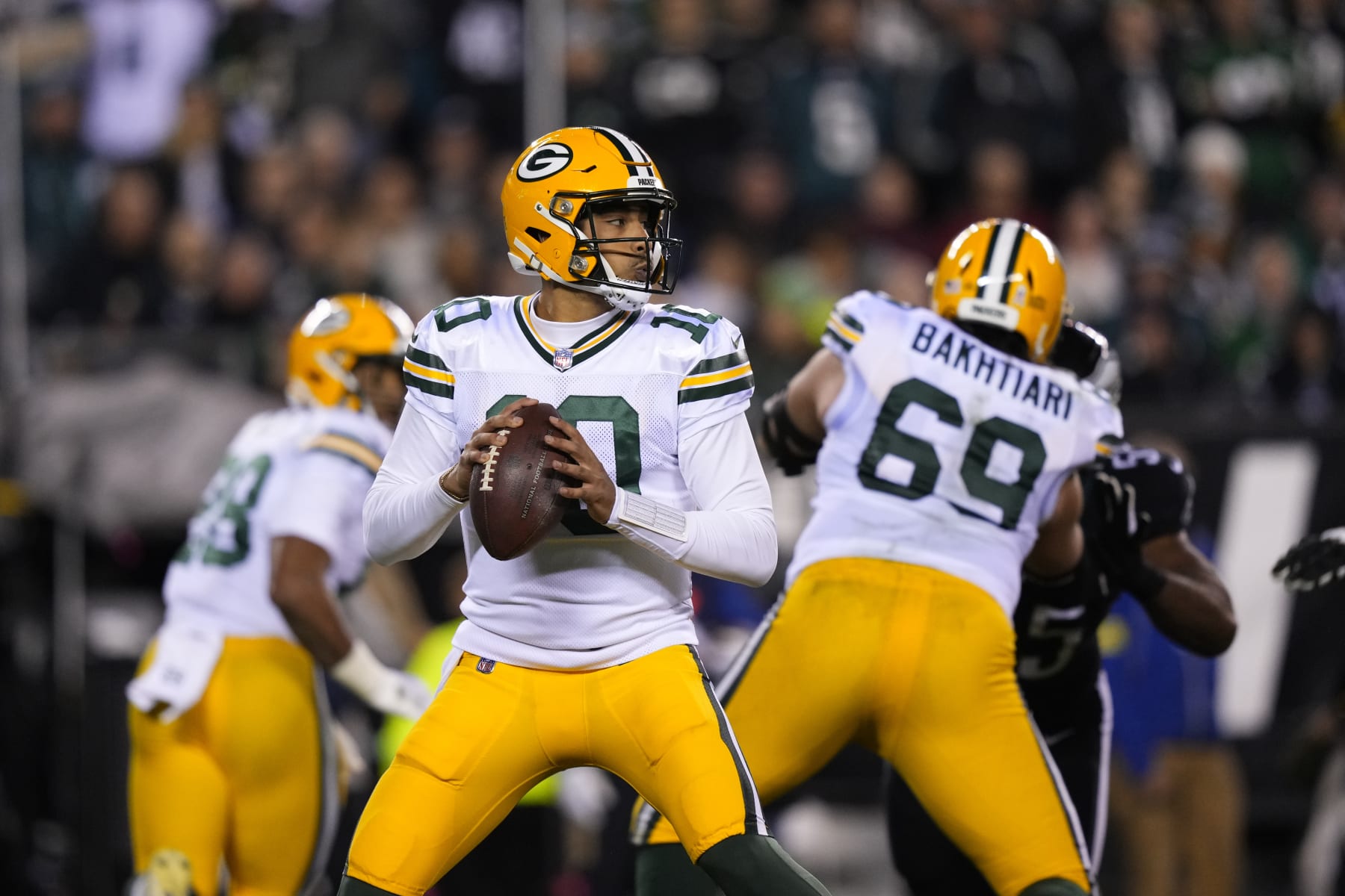 Green Bay Packers' Jordan Love plays during an NFL football game, Sunday, Nov. 27, 2022, in Philadelphia. (AP Photo/Matt Slocum)