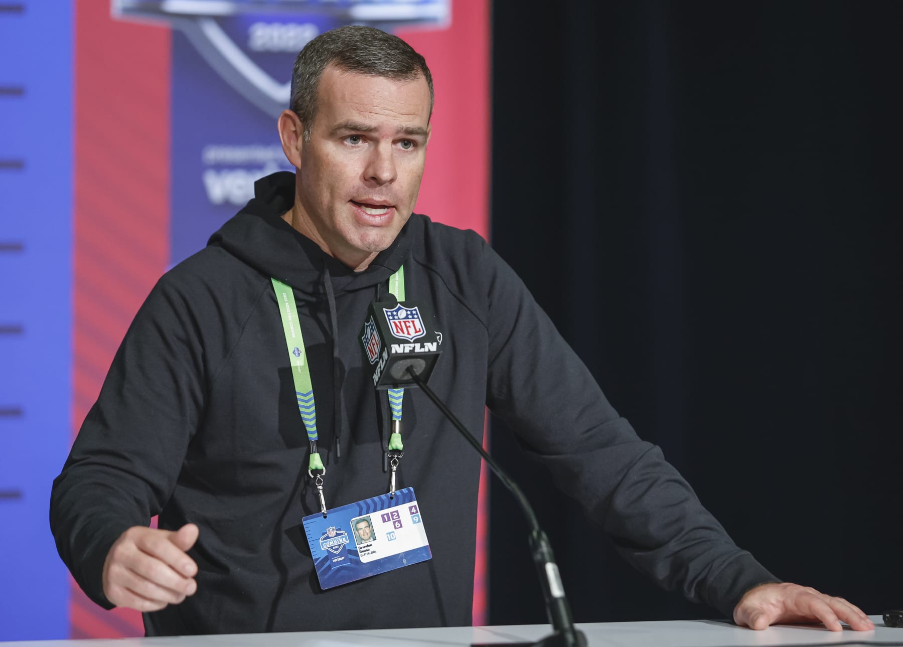 INDIANAPOLIS, IN - MAR 01: Brandon Beane, general manager of the Buffalo Bills speaks to reporters during the NFL Draft Combine at the Indiana Convention Center on March 1, 2022 in Indianapolis, Indiana. (Photo by Michael Hickey/Getty Images)