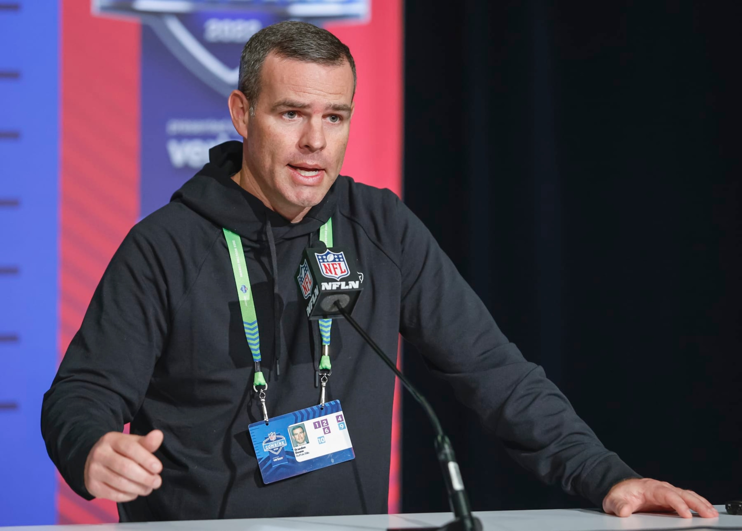 INDIANAPOLIS, IN - MAR 01: Brandon Beane, general manager of the Buffalo Bills speaks to reporters during the NFL Draft Combine at the Indiana Convention Center on March 1, 2022 in Indianapolis, Indiana. (Photo by Michael Hickey/Getty Images)