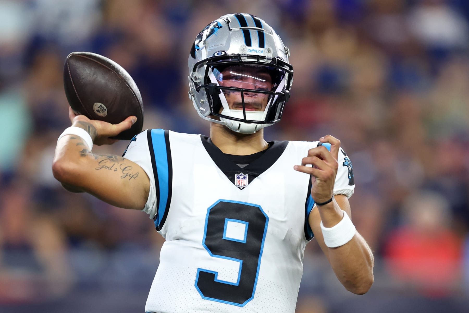 FOXBOROUGH, MASSACHUSETTS - AUGUST 19: Matt Corral #9 of the Carolina Panthers looks to pass during the preseason game between the New England Patriots and the Carolina Panthers at Gillette Stadium on August 19, 2022 in Foxborough, Massachusetts. (Photo by Maddie Meyer/Getty Images)