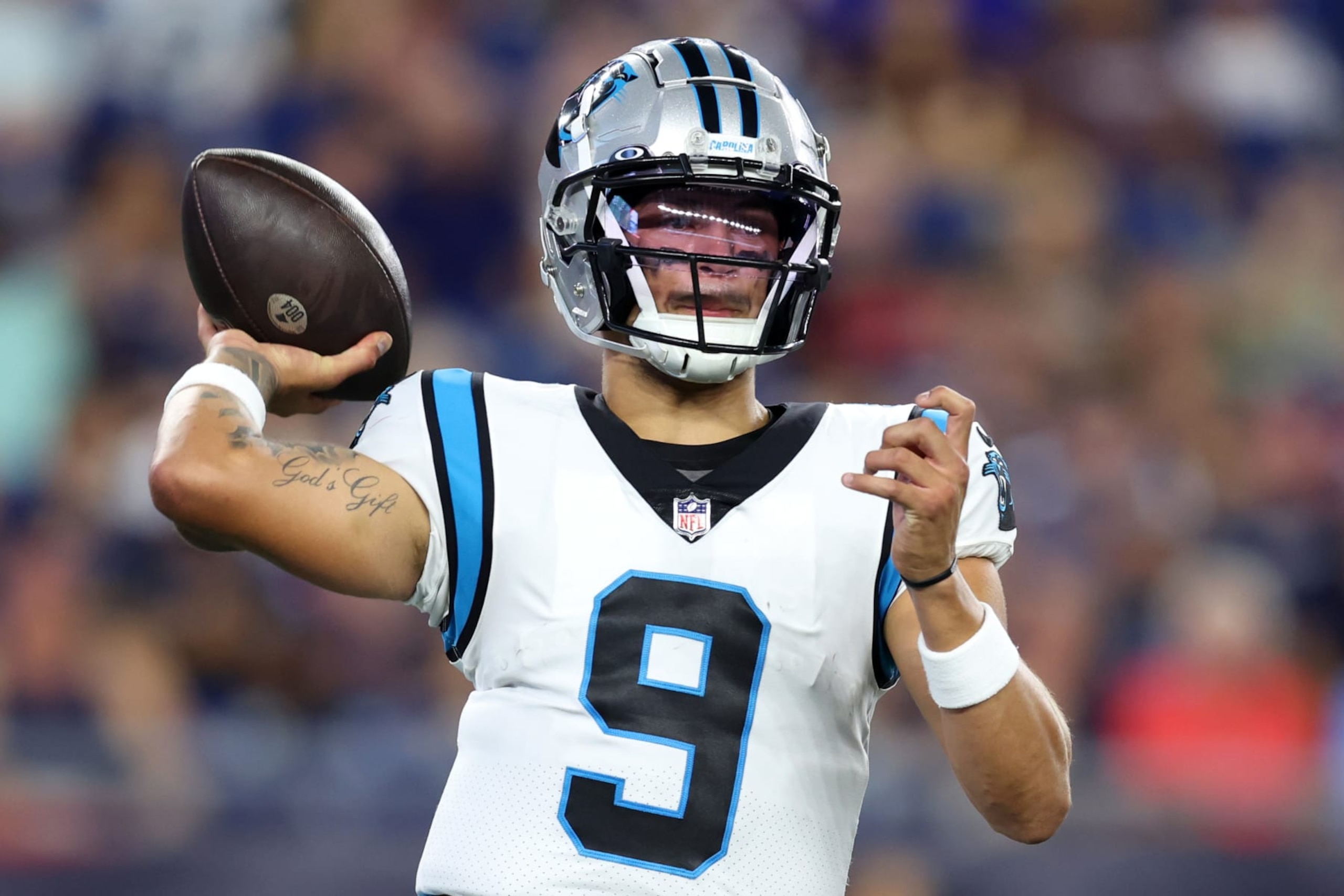 FOXBOROUGH, MASSACHUSETTS - AUGUST 19: Matt Corral #9 of the Carolina Panthers looks to pass during the preseason game between the New England Patriots and the Carolina Panthers at Gillette Stadium on August 19, 2022 in Foxborough, Massachusetts. (Photo by Maddie Meyer/Getty Images)