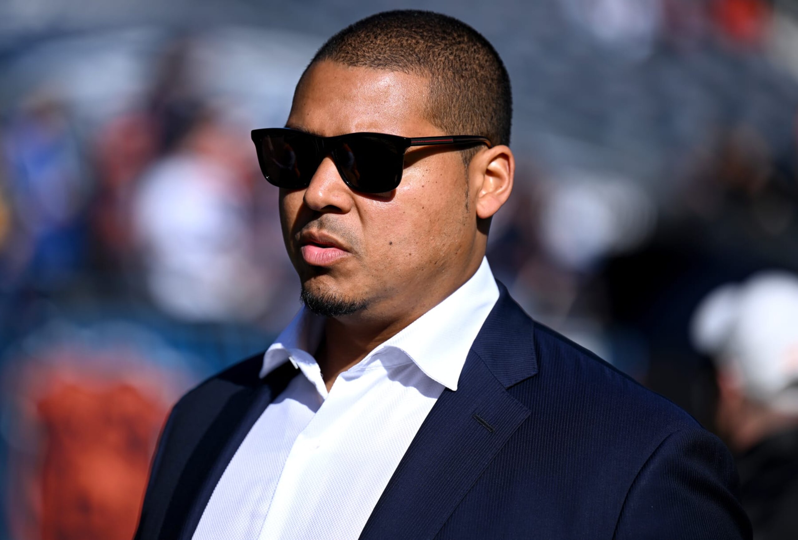 CHICAGO, ILLINOIS - NOVEMBER 06: General Manager Ryan Poles of the Chicago Bears on the field prior to the game against the Miami Dolphins at Soldier Field on November 06, 2022 in Chicago, Illinois. (Photo by Quinn Harris/Getty Images)
