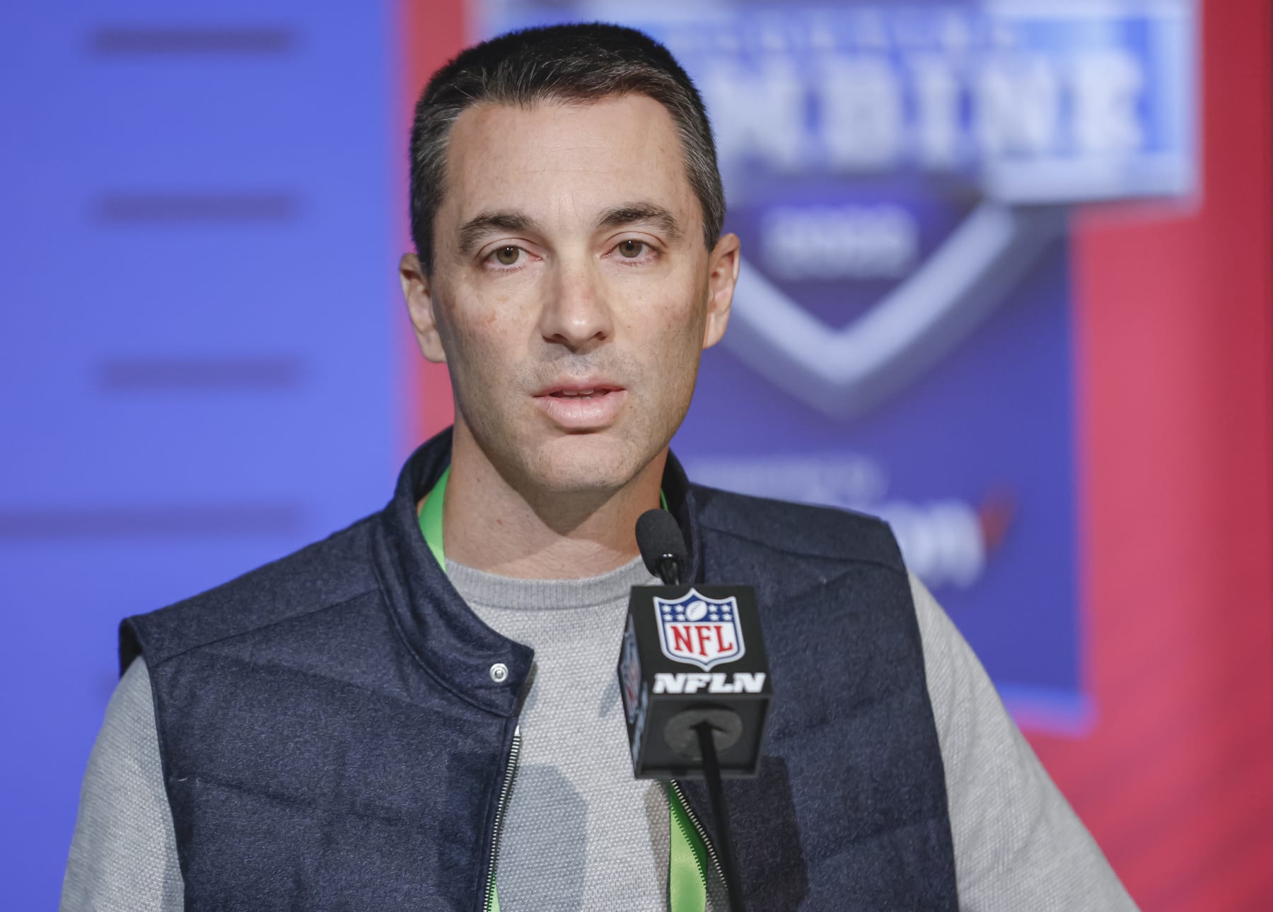INDIANAPOLIS, IN - MAR 01: Tom Telesco, general manager of the Los Angeles Chargers speaks to reporters during the NFL Draft Combine at the Indiana Convention Center on March 1, 2022 in Indianapolis, Indiana. (Photo by Michael Hickey/Getty Images)