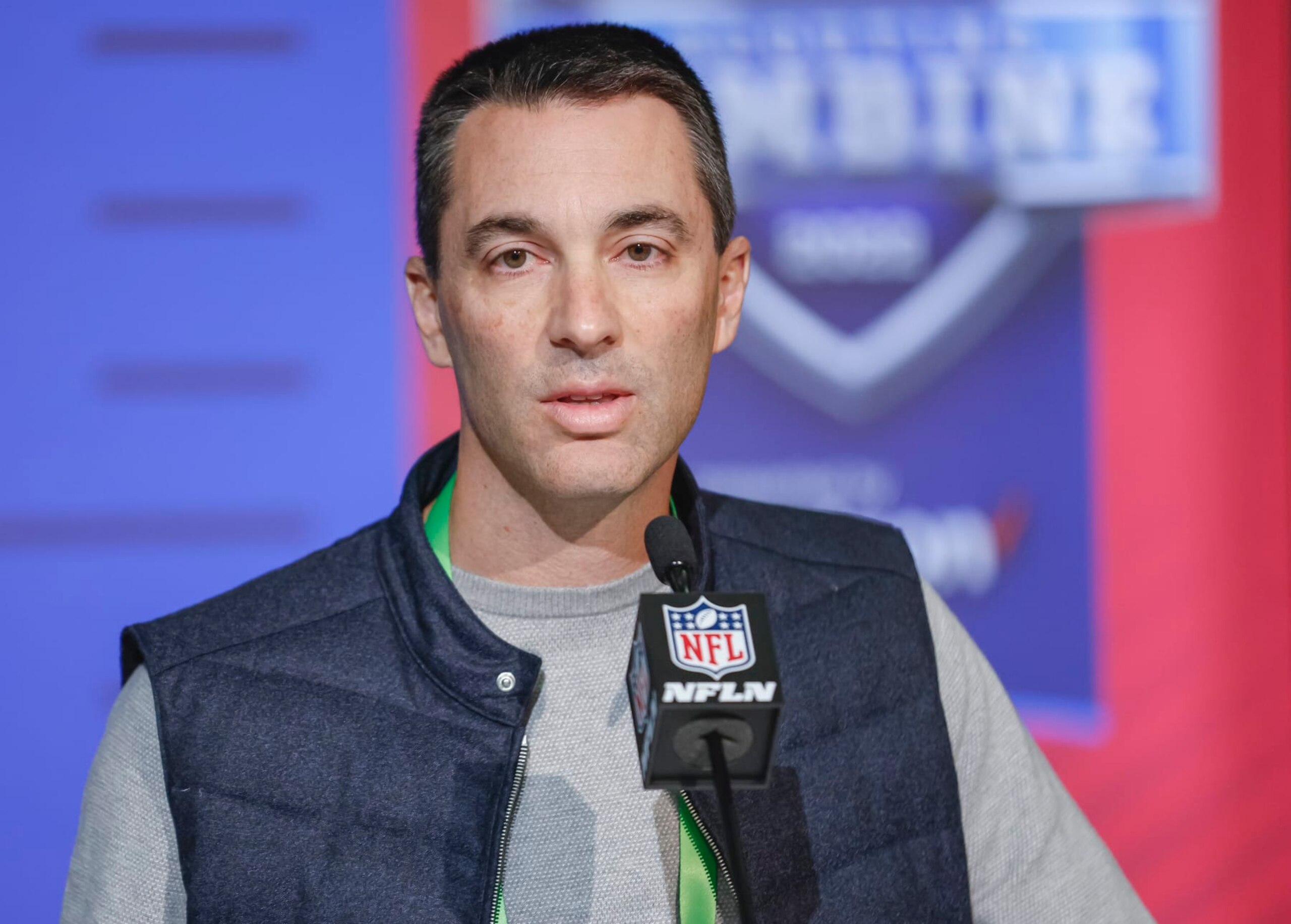 INDIANAPOLIS, IN - MAR 01: Tom Telesco, general manager of the Los Angeles Chargers speaks to reporters during the NFL Draft Combine at the Indiana Convention Center on March 1, 2022 in Indianapolis, Indiana. (Photo by Michael Hickey/Getty Images)