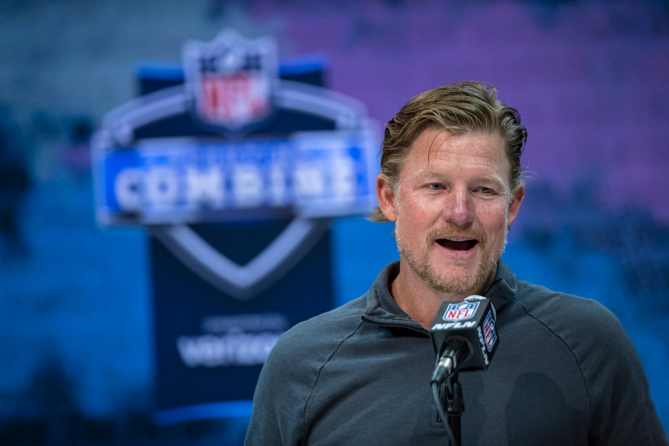 INDIANAPOLIS, IN - FEBRUARY 25: General manager Les Snead of the Los Angeles Rams speaks to the media at the Indiana Convention Center on February 25, 2020 in Indianapolis, Indiana. (Photo by Michael Hickey/Getty Images) *** Local Capture *** Les Snead