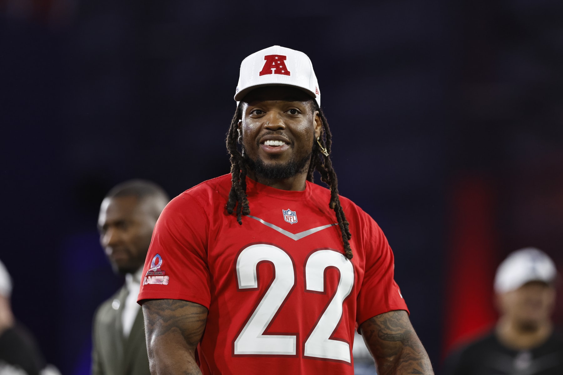 LAS VEGAS, NEVADA - FEBRUARY 02: AFC running back Derrick Henry #22 of the Tennesse Titans reacts during the Pro Bowl Games skills events on February 02, 2023 in Las Vegas, Nevada. (Photo by Michael Owens/Getty Images)