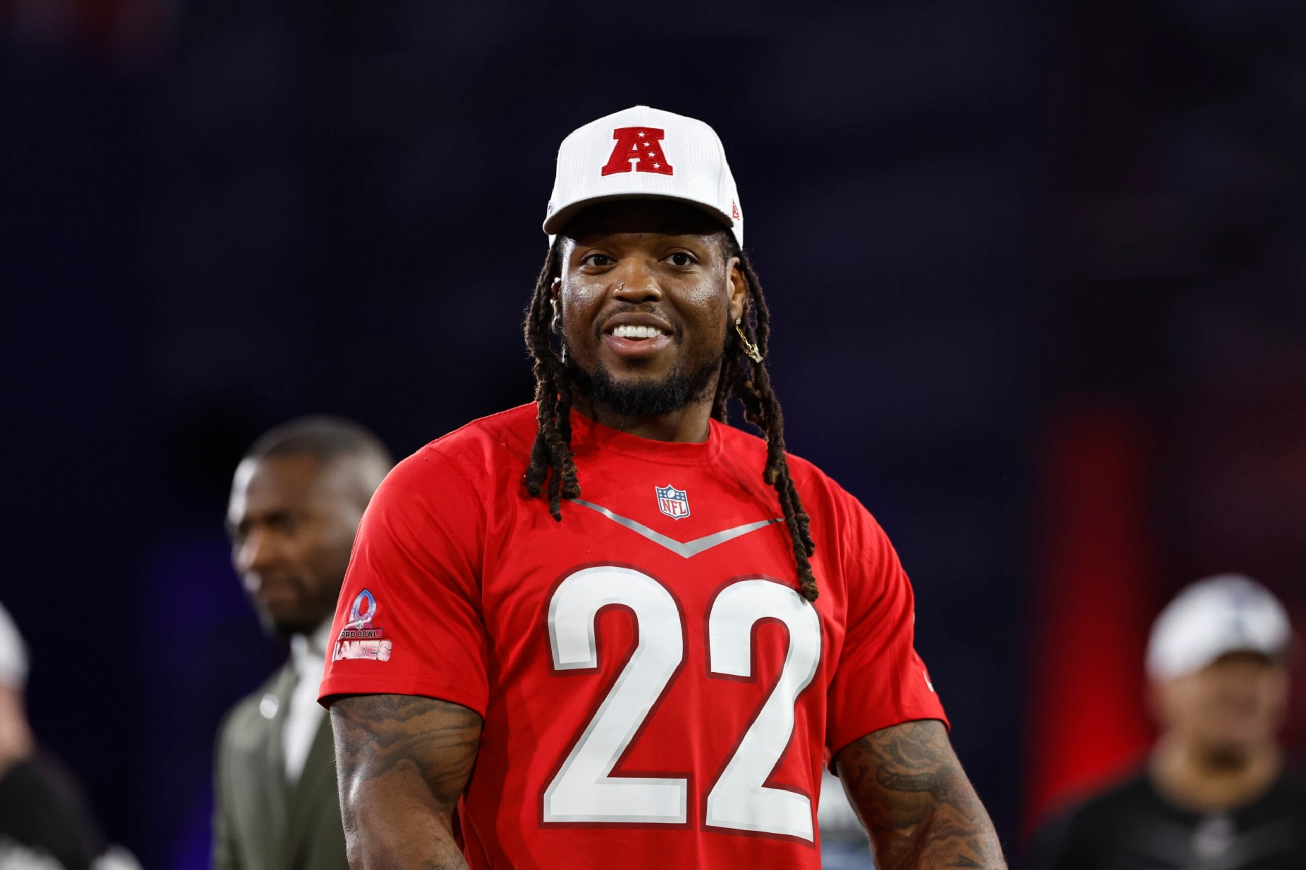 LAS VEGAS, NEVADA - FEBRUARY 02: AFC running back Derrick Henry #22 of the Tennesse Titans reacts during the Pro Bowl Games skills events on February 02, 2023 in Las Vegas, Nevada. (Photo by Michael Owens/Getty Images)