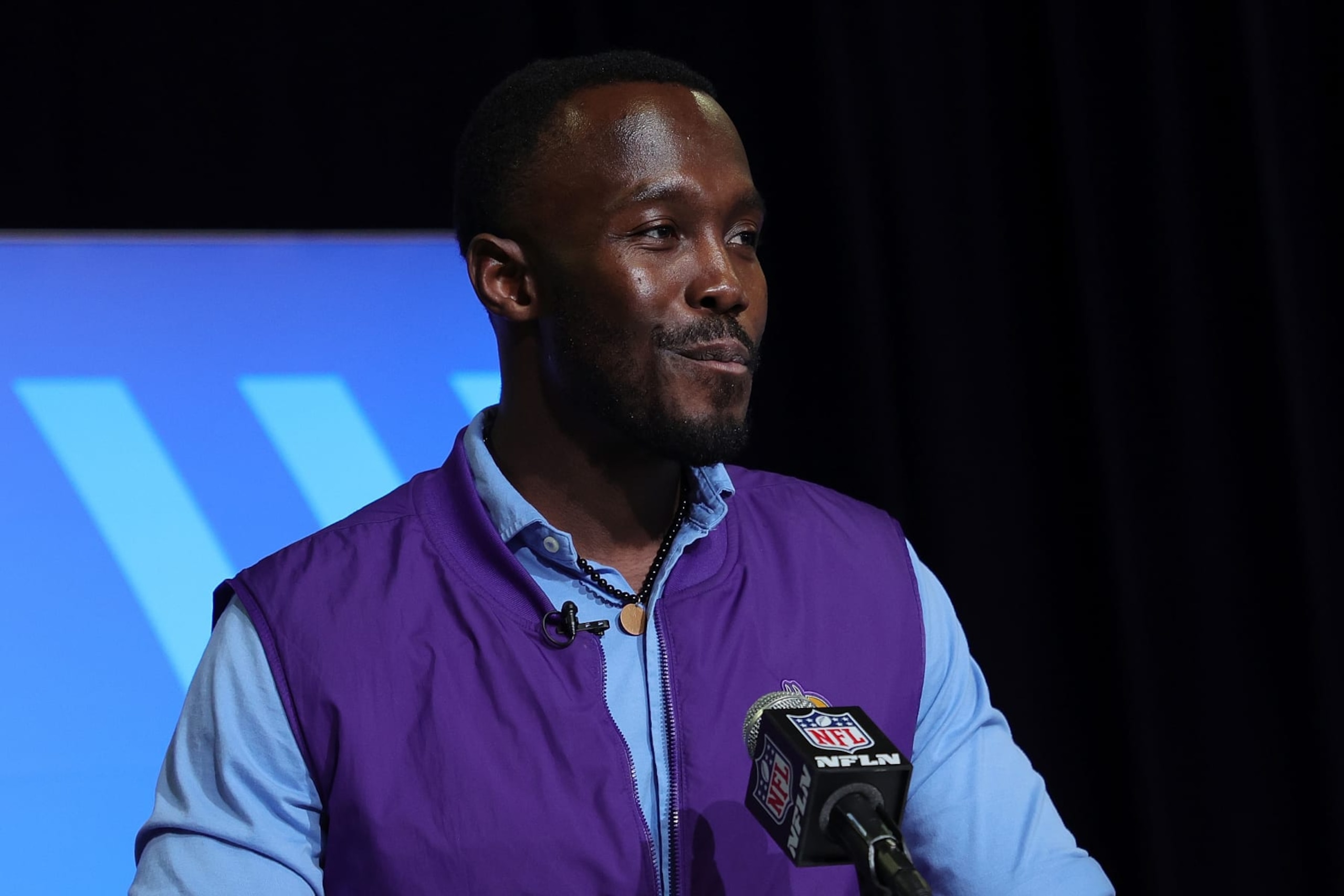 INDIANAPOLIS, INDIANA - FEBRUARY 28: General Manager Kwesi Adofo-Mensah of the Minnesota Vikings speaks to the media during the NFL Combine at the Indiana Convention Center on February 28, 2023 in Indianapolis, Indiana. (Photo by Stacy Revere/Getty Images)