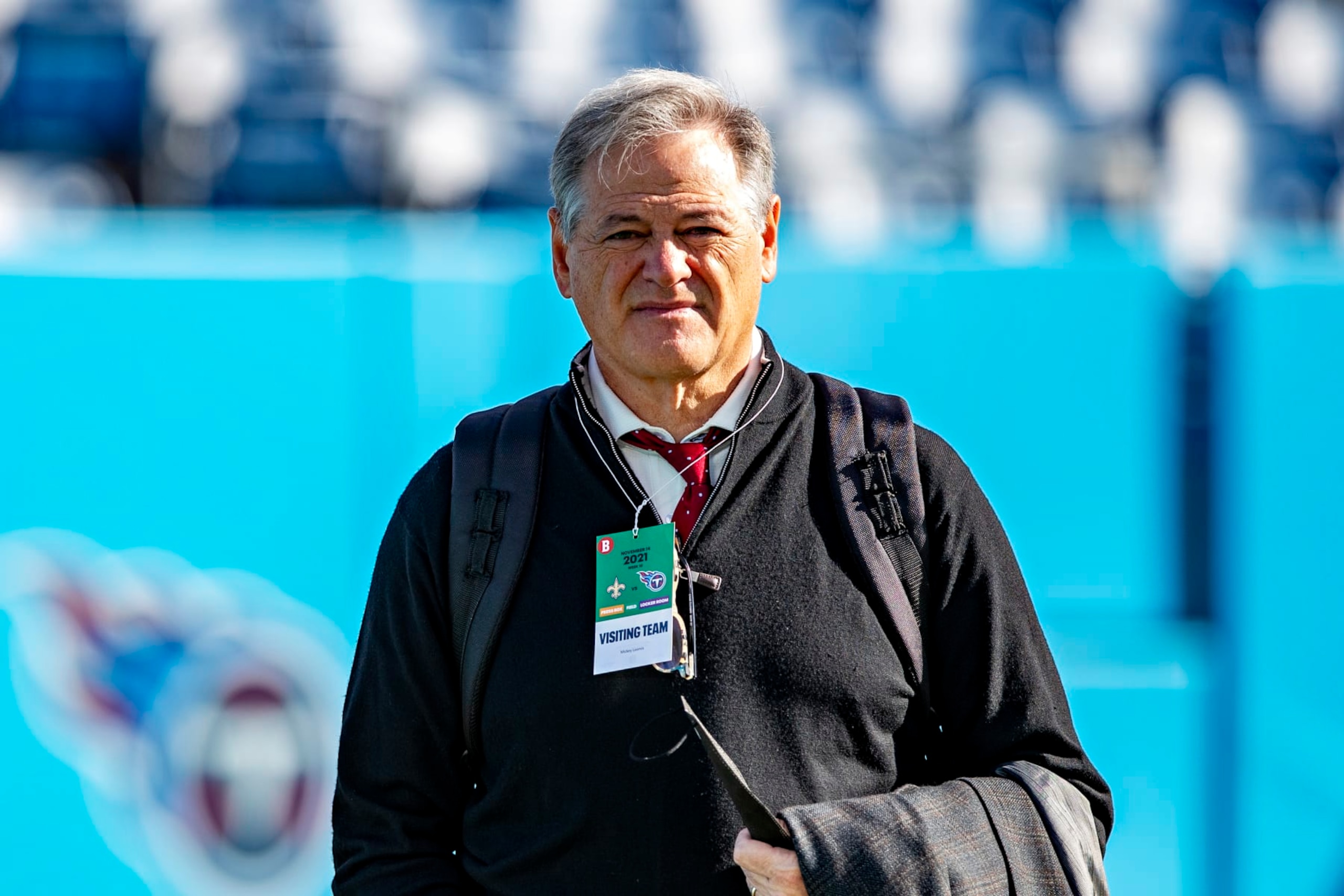NASHVILLE, TENNESSEE - NOVEMBER 14:  General Manager Mickey Loomis of the New Orleans Saints walks around the field before a game against the Tennessee Titans at Nissan Stadium on November 14, 2021 in Nashville, Tennessee.  The Titans defeated the Saints 23-21.  (Photo by Wesley Hitt/Getty Images)