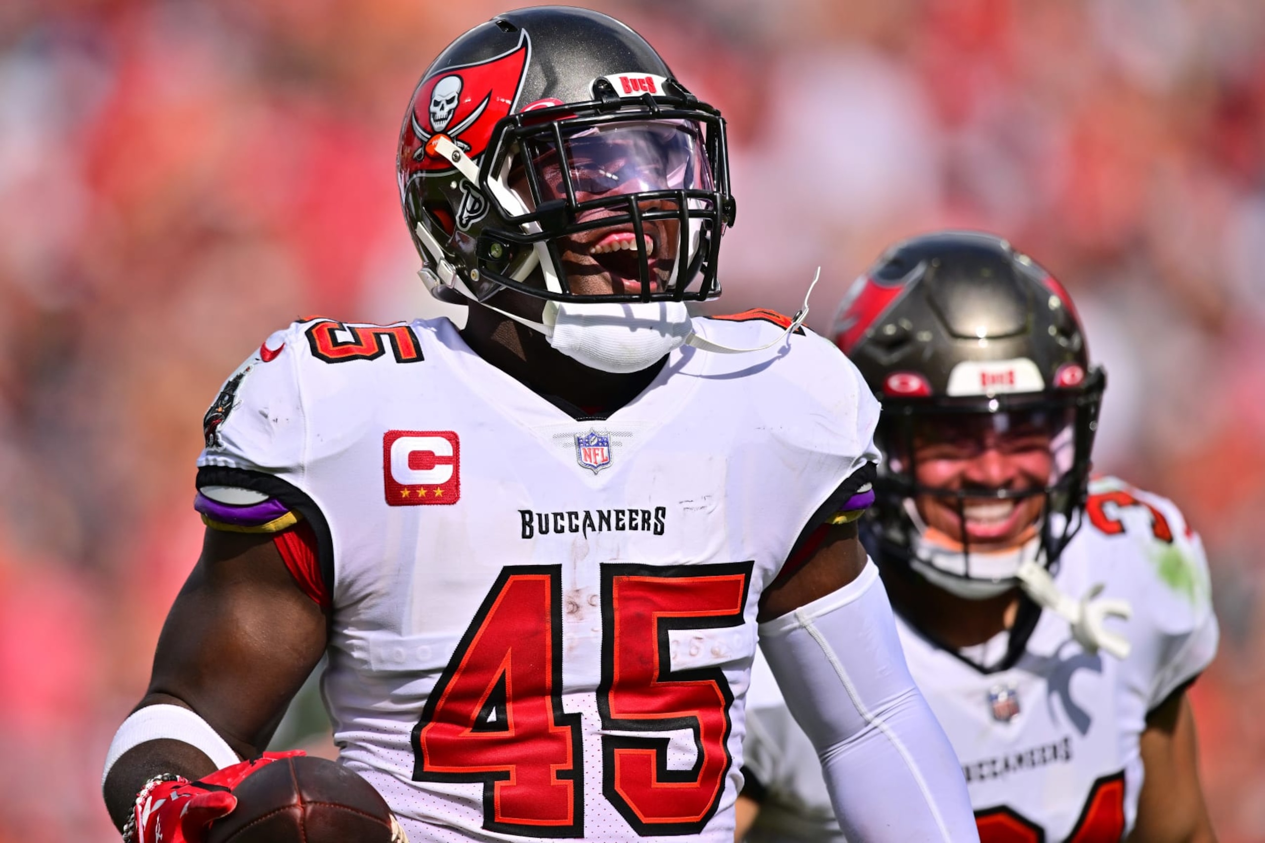 TAMPA, FLORIDA - JANUARY 01: Devin White #45 of the Tampa Bay Buccaneers celebrates after recovering a fumble during the second quarter against the Carolina Panthers at Raymond James Stadium on January 01, 2023 in Tampa, Florida. (Photo by Julio Aguilar/Getty Images)