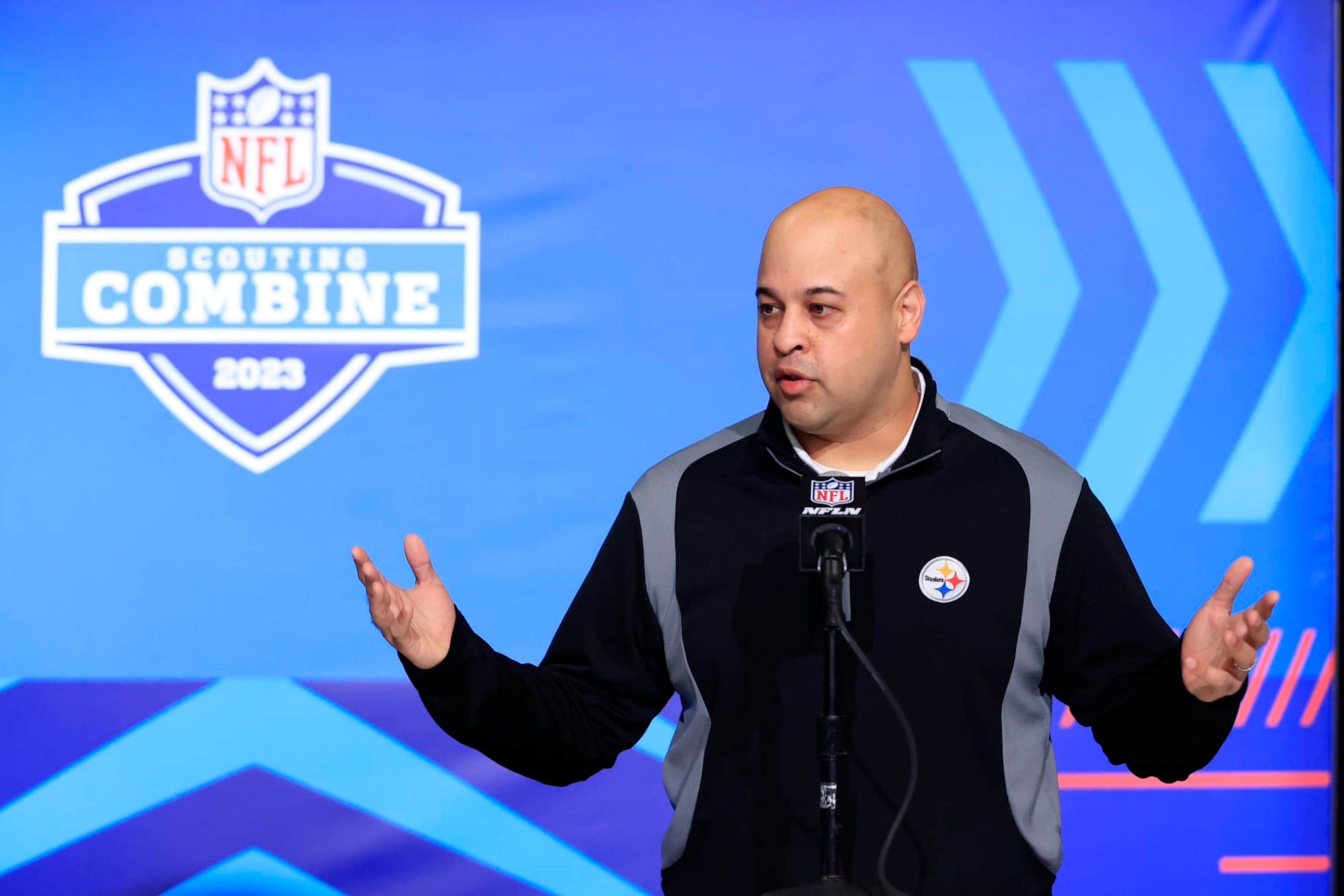 INDIANAPOLIS, INDIANA - FEBRUARY 28: General Manager Omar Khan of the Pittsburgh Steelers speaks to the media during the NFL Combine at Lucas Oil Stadium on February 28, 2023 in Indianapolis, Indiana. (Photo by Justin Casterline/Getty Images)