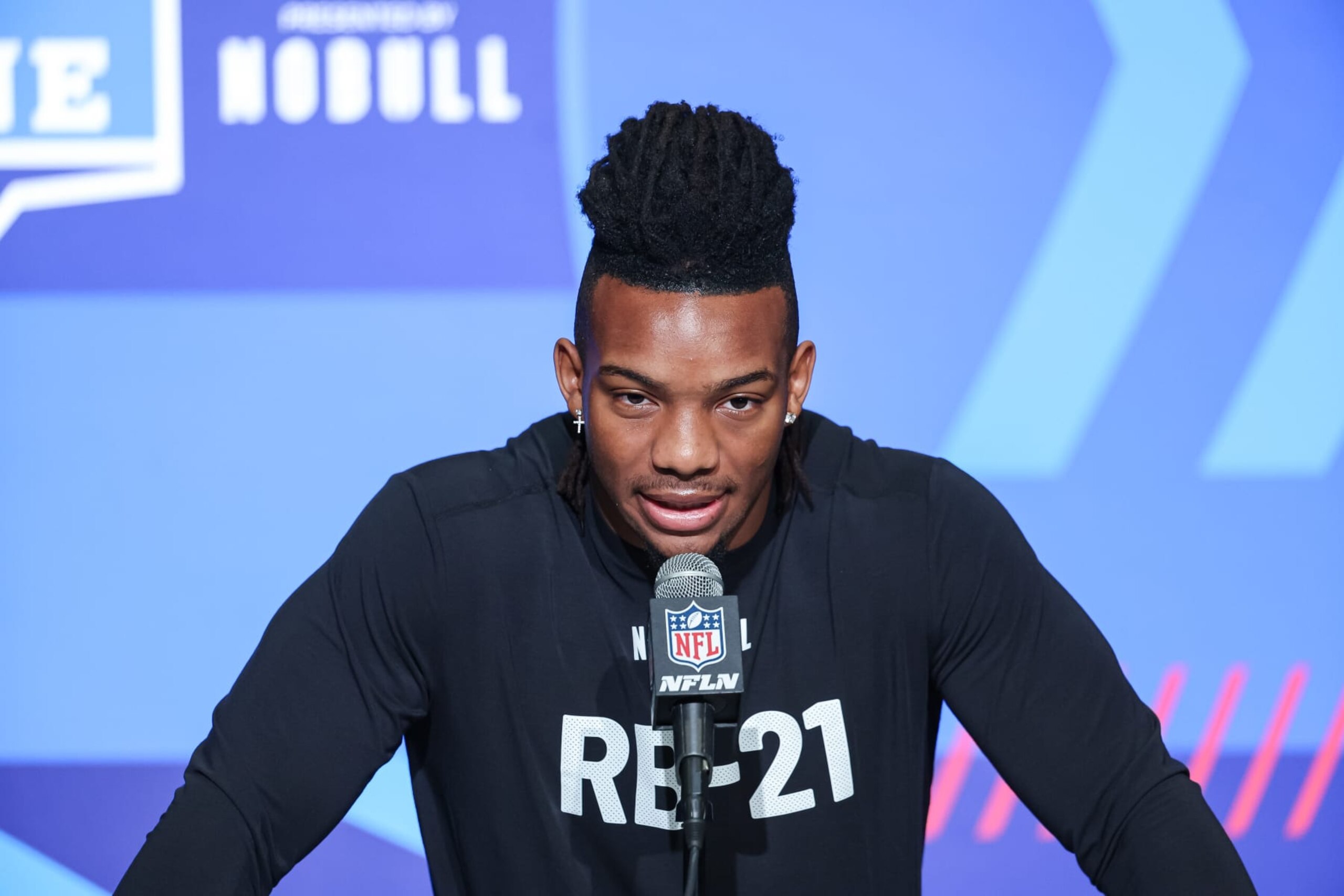 INDIANAPOLIS, IN - MARCH 04: Running back Bijan Robinson of Texas speaks to the media during the NFL Combine at Lucas Oil Stadium on March 4, 2023 in Indianapolis, Indiana. (Photo by Michael Hickey/Getty Images)