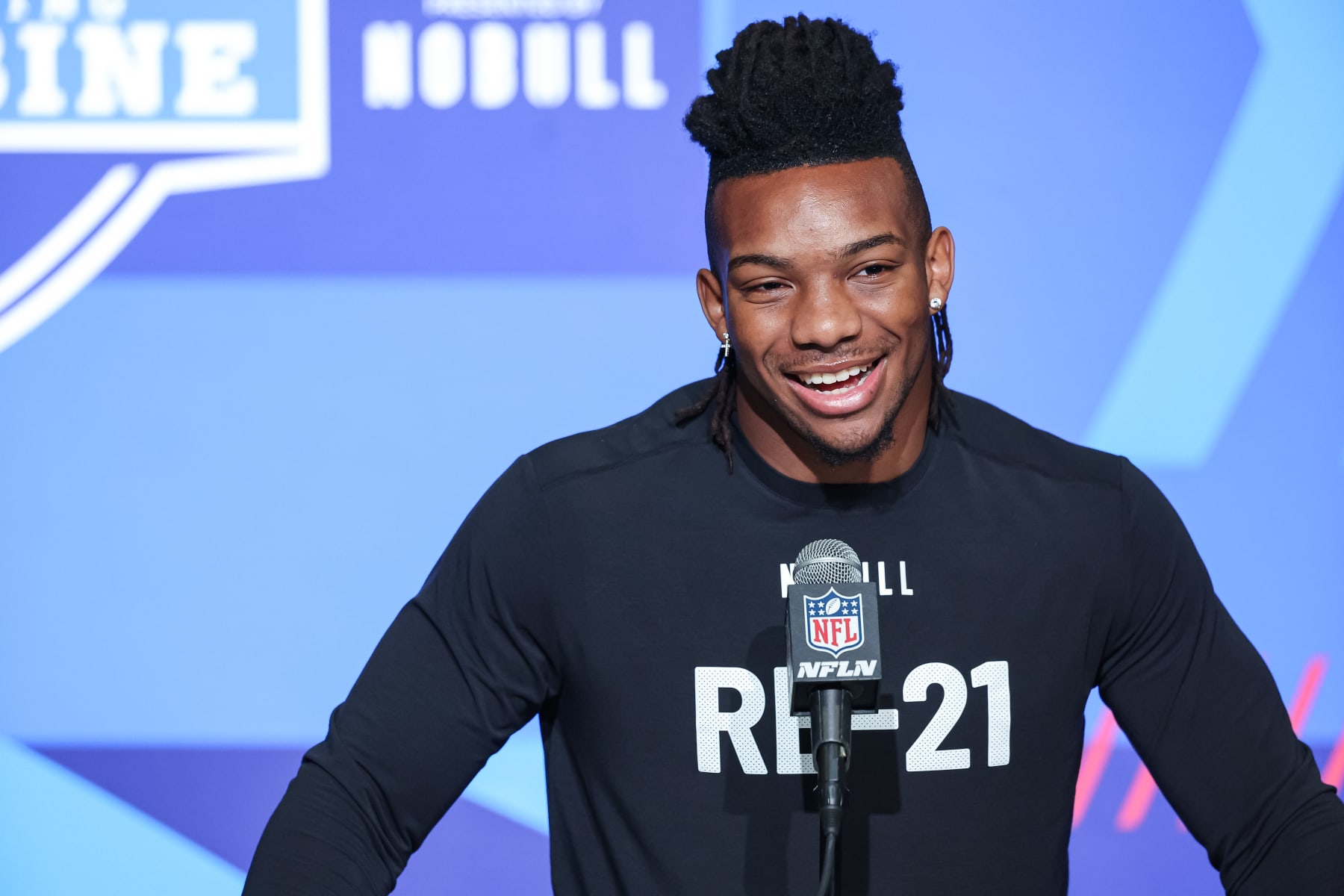 INDIANAPOLIS, IN - MARCH 04: Running back Bijan Robinson of Texas speaks to the media during the NFL Combine at Lucas Oil Stadium on March 4, 2023 in Indianapolis, Indiana. (Photo by Michael Hickey/Getty Images)