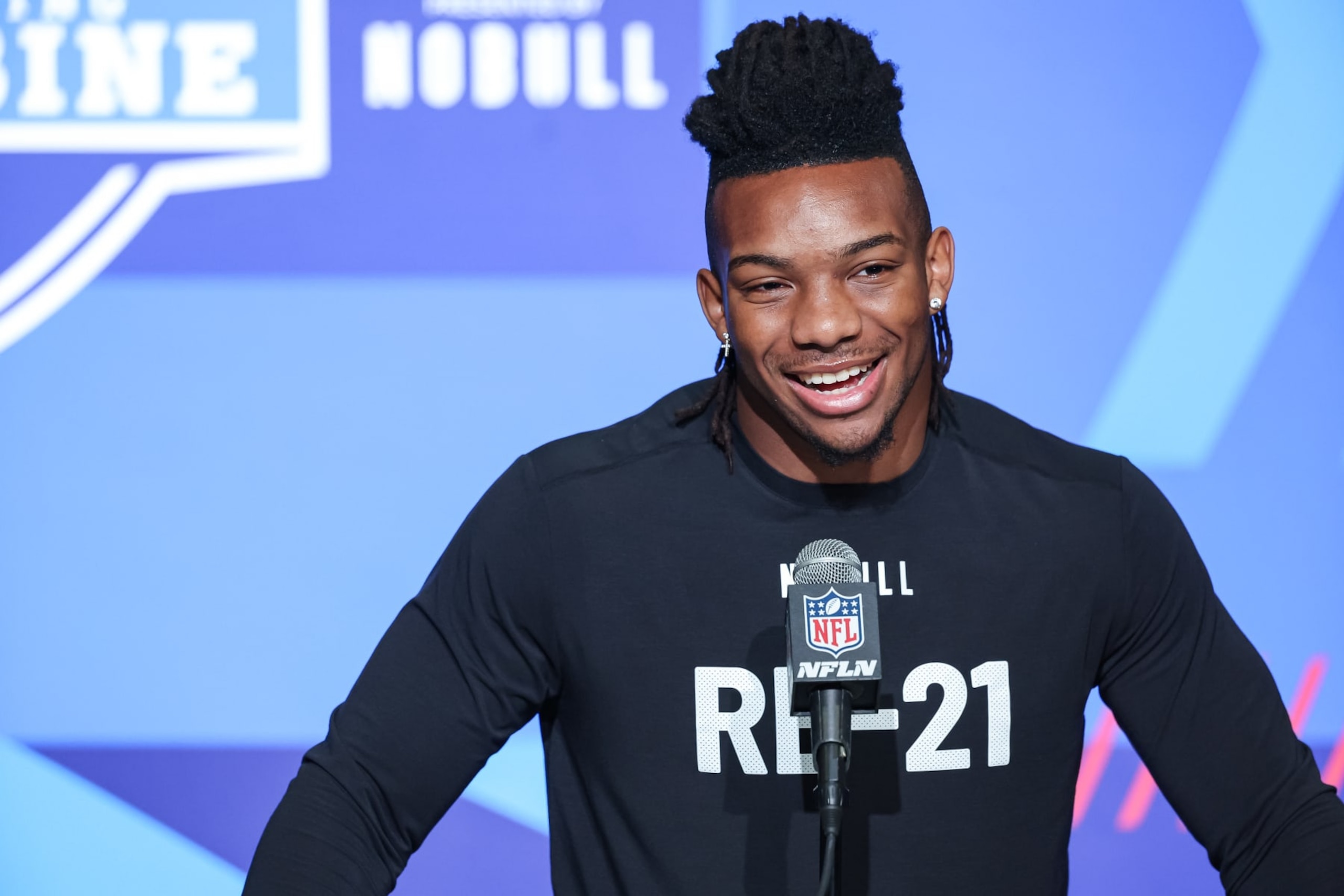 INDIANAPOLIS, IN - MARCH 04: Running back Bijan Robinson of Texas speaks to the media during the NFL Combine at Lucas Oil Stadium on March 4, 2023 in Indianapolis, Indiana. (Photo by Michael Hickey/Getty Images)